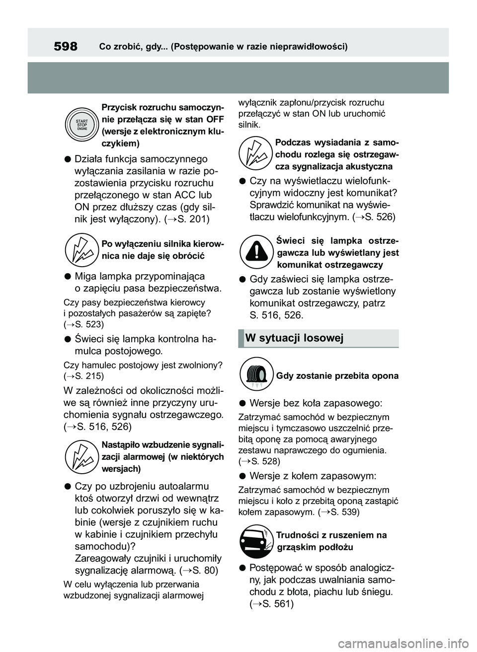TOYOTA RAV4 2022  Instrukcja obsługi (in Polish) Przycisk rozruchu samoczyn-
nie  prze∏àcza  si´  w stan  OFF
(wersje z elektronicznym klu-
czykiem)
Dzia∏a funkcja samoczynnego
wy∏àczania zasilania w razie po-
zostawienia przycisku rozruchu