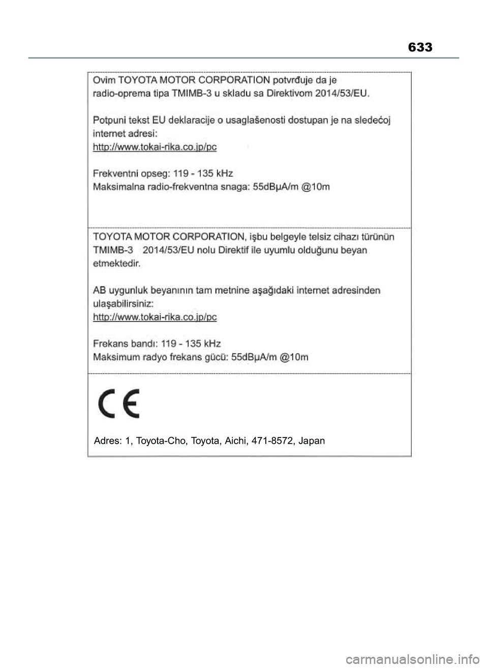 TOYOTA RAV4 2022 Instrukcja obsługi (in Polish) 633
Adres: 1, Toyota-Cho, Toyota, Aichi, 471-8572, Japan
55 RAV4 OM42C27E 12/8/21 3:44 PM Page 633 TOYOTA RAV4 2022 Instrukcja obsługi (in Polish) 633
Adres: 1, Toyota-Cho, Toyota, Aichi, 471-8572, Japan
55 RAV4 OM42C27E 12/8/21 3:44 PM Page 633