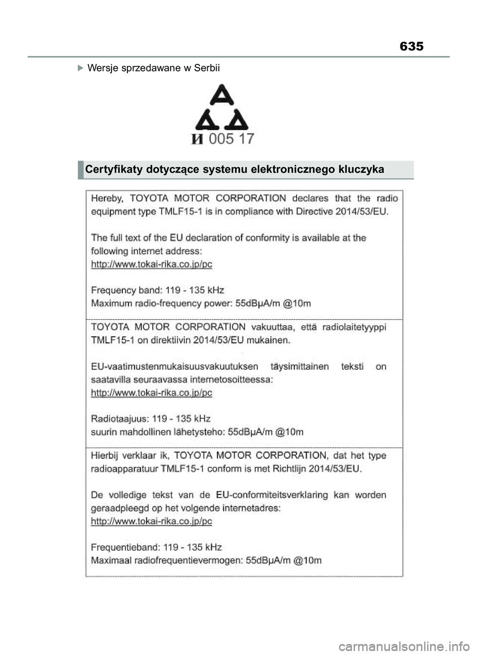 TOYOTA RAV4 2022 Instrukcja obsługi (in Polish) óWersje sprzedawane w Serbii
635
Certyfikaty dotyczàce systemu elektronicznego kluczyka
55 RAV4 OM42C27E 12/8/21 3:44 PM Page 635 TOYOTA RAV4 2022 Instrukcja obsługi (in Polish) óWersje sprzedawane w Serbii
635
Certyfikaty dotyczàce systemu elektronicznego kluczyka
55 RAV4 OM42C27E 12/8/21 3:44 PM Page 635