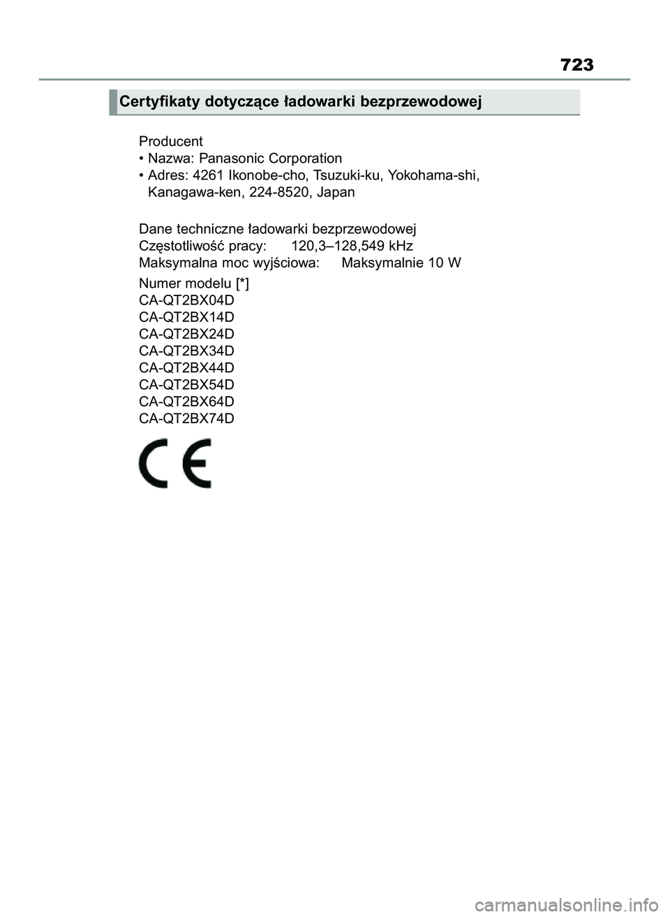 TOYOTA RAV4 2022 Instrukcja obsługi (in Polish) 723
Certyfikaty dotyczàce ∏adowarki bezprzewodowej
Producent
• Nazwa: Panasonic Corporation
• Adres: 4261 Ikonobe-cho, Tsuzuki-ku, Yokohama-shi,
Kanagawa-ken, 224-8520, Japan
Dane techniczne TOYOTA RAV4 2022 Instrukcja obsługi (in Polish) 723
Certyfikaty dotyczàce ∏adowarki bezprzewodowej
Producent
• Nazwa: Panasonic Corporation
• Adres: 4261 Ikonobe-cho, Tsuzuki-ku, Yokohama-shi,
Kanagawa-ken, 224-8520, Japan
Dane techniczne