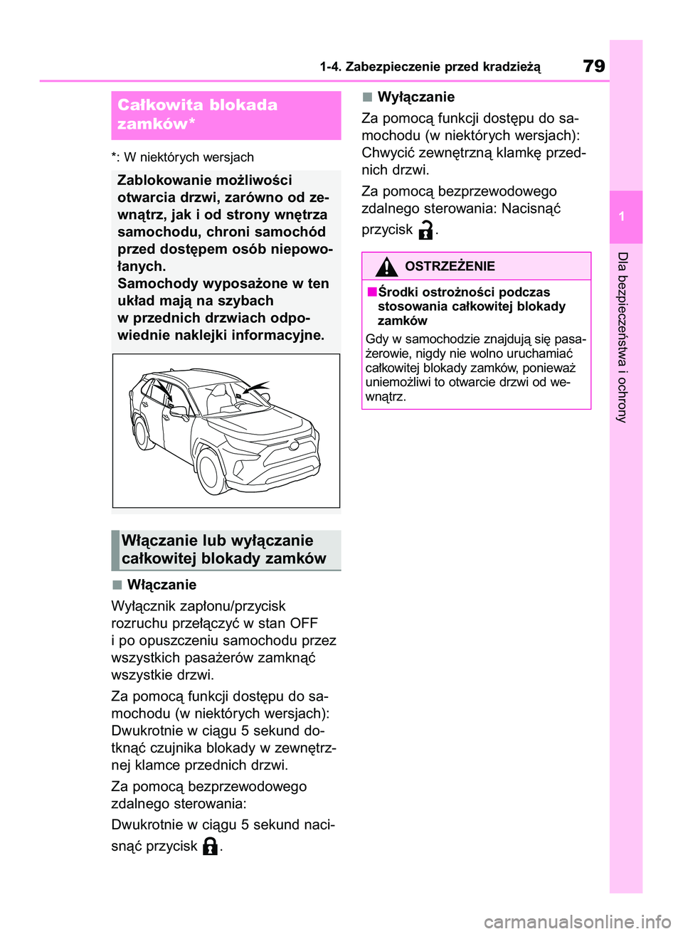 TOYOTA RAV4 2022  Instrukcja obsługi (in Polish) *: W niektórych wersjach
W∏àczanie
Wy∏àcznik zap∏onu/przycisk
rozruchu prze∏àczyç w stan OFF
i po opuszczeniu samochodu przez
wszystkich pasa˝erów zamknàç
wszystkie drzwi.
Za pomocà 