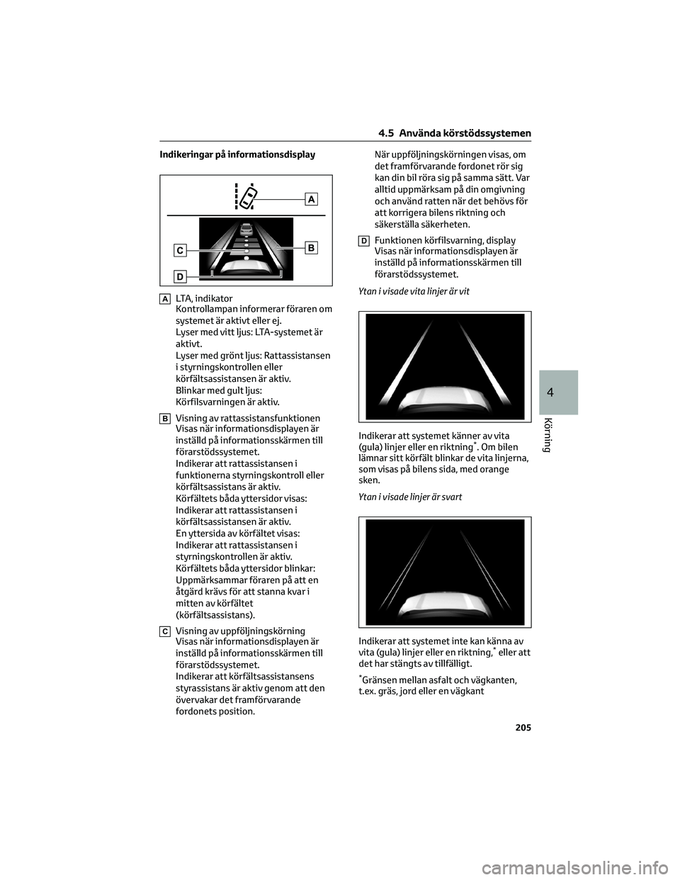 TOYOTA RAV4 2022 Bruksanvisningar (in Swedish) Indikeringar på informationsdisplay
ALTA, indikator
Kontrollampan informerar föraren om
systemet är aktivt eller ej.
Lyser med vitt ljus: LTA-systemet är
aktivt.
Lyser med grönt ljus: Rattassista TOYOTA RAV4 2022 Bruksanvisningar (in Swedish) Indikeringar på informationsdisplay
ALTA, indikator
Kontrollampan informerar föraren om
systemet är aktivt eller ej.
Lyser med vitt ljus: LTA-systemet är
aktivt.
Lyser med grönt ljus: Rattassista