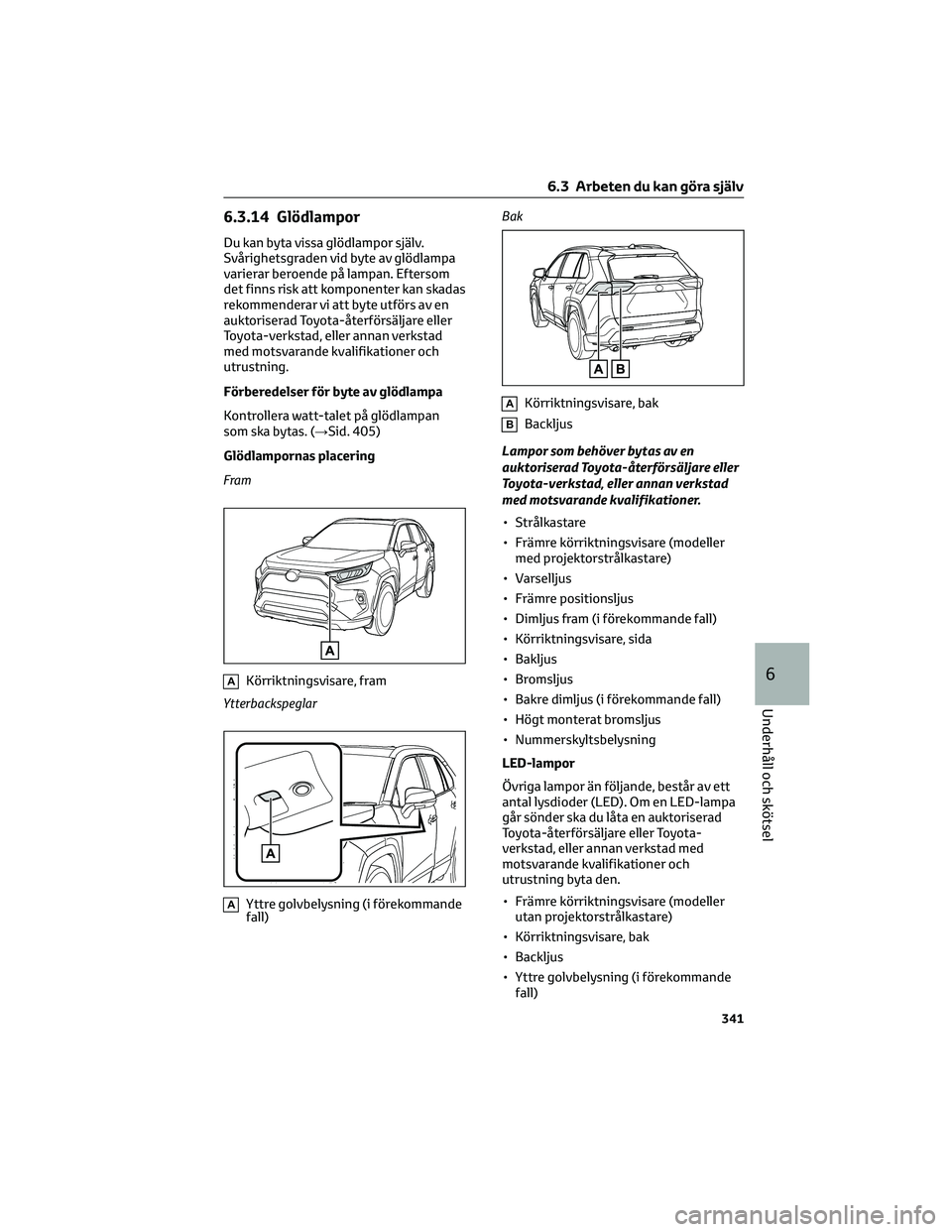 TOYOTA RAV4 2022  Bruksanvisningar (in Swedish) 6.3.14 Glödlampor
Du kan byta vissa glödlampor själv.
Svårighetsgraden vid byte av glödlampa
varierar beroende på lampan. Eftersom
det finns risk att komponenter kan skadas
rekommenderar vi att 
