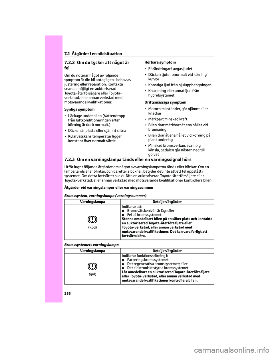TOYOTA RAV4 2022  Bruksanvisningar (in Swedish) 7.2.2 Om du tycker att något är
fel
Om du noterar något av följande
symptom är din bil antagligen i behov av
justering eller reparation. Kontakta
snarast möjligt en auktoriserad
Toyota-återför