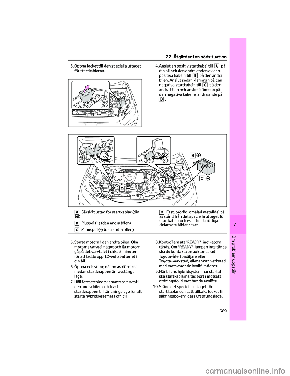 TOYOTA RAV4 2022 Bruksanvisningar (in Swedish) 3. Öppna locket till den speciella uttaget
för startkablarna.4. Anslut en positiv startkabel tillApå
din bil och den andra änden av den
positiva kabeln till
Bpå den andra
bilen. Anslut sedan klä TOYOTA RAV4 2022 Bruksanvisningar (in Swedish) 3. Öppna locket till den speciella uttaget
för startkablarna.4. Anslut en positiv startkabel tillApå
din bil och den andra änden av den
positiva kabeln till
Bpå den andra
bilen. Anslut sedan klä