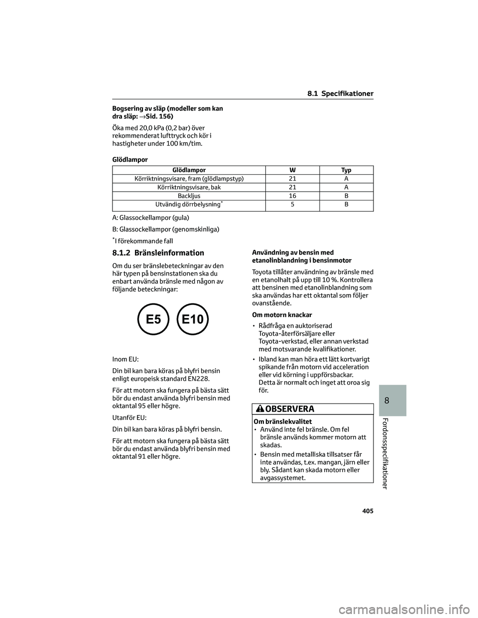 TOYOTA RAV4 2022 Bruksanvisningar (in Swedish) Bogsering av släp (modeller som kan
dra släp:→Sid. 156)
Öka med 20,0 kPa (0,2 bar) över
rekommenderat lufttryck och kör i
hastigheter under 100 km/tim.
Glödlampor
Glödlampor W Typ
Körriktnin TOYOTA RAV4 2022 Bruksanvisningar (in Swedish) Bogsering av släp (modeller som kan
dra släp:→Sid. 156)
Öka med 20,0 kPa (0,2 bar) över
rekommenderat lufttryck och kör i
hastigheter under 100 km/tim.
Glödlampor
Glödlampor W Typ
Körriktnin