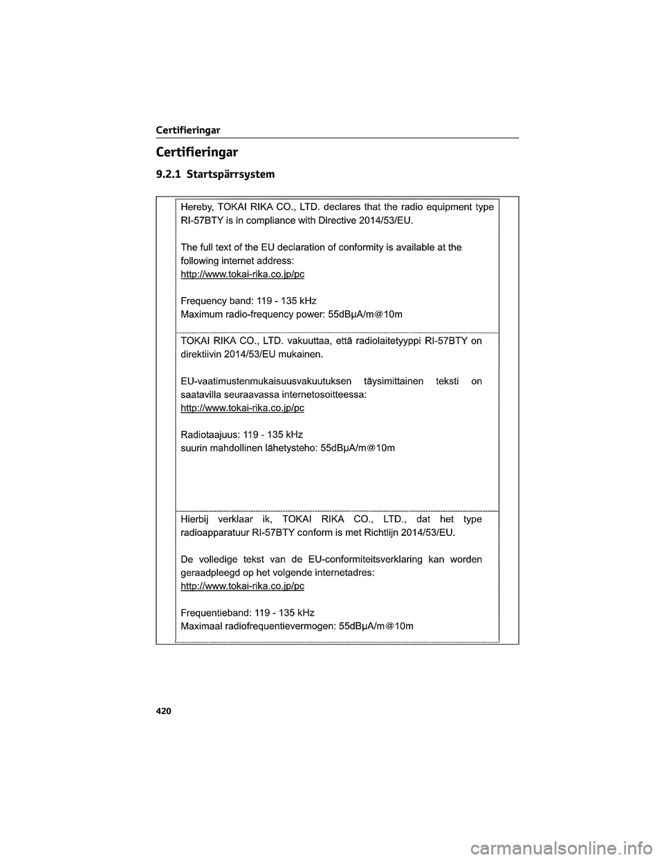 TOYOTA RAV4 2022 Bruksanvisningar (in Swedish) Certifieringar
9.2.1 Startspärrsystem
Certifieringar
420 TOYOTA RAV4 2022 Bruksanvisningar (in Swedish) Certifieringar
9.2.1 Startspärrsystem
Certifieringar
420