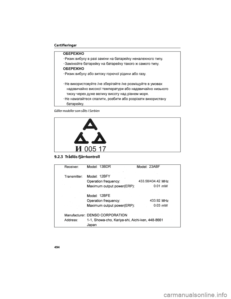 TOYOTA RAV4 2022 Bruksanvisningar (in Swedish) Gäller modeller som sålts i Serbien
9.2.3 Trådlös fjärrkontroll
Certifieringar
494 TOYOTA RAV4 2022 Bruksanvisningar (in Swedish) Gäller modeller som sålts i Serbien
9.2.3 Trådlös fjärrkontroll
Certifieringar
494