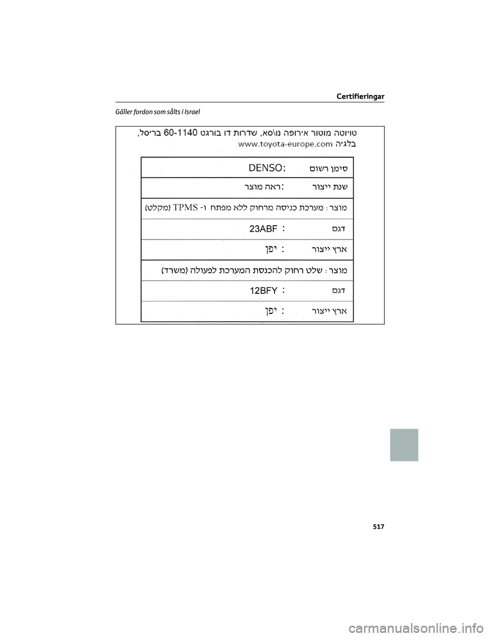 TOYOTA RAV4 2022 Bruksanvisningar (in Swedish) Gäller fordon som sålts i Israel
Certifieringar
517 TOYOTA RAV4 2022 Bruksanvisningar (in Swedish) Gäller fordon som sålts i Israel
Certifieringar
517