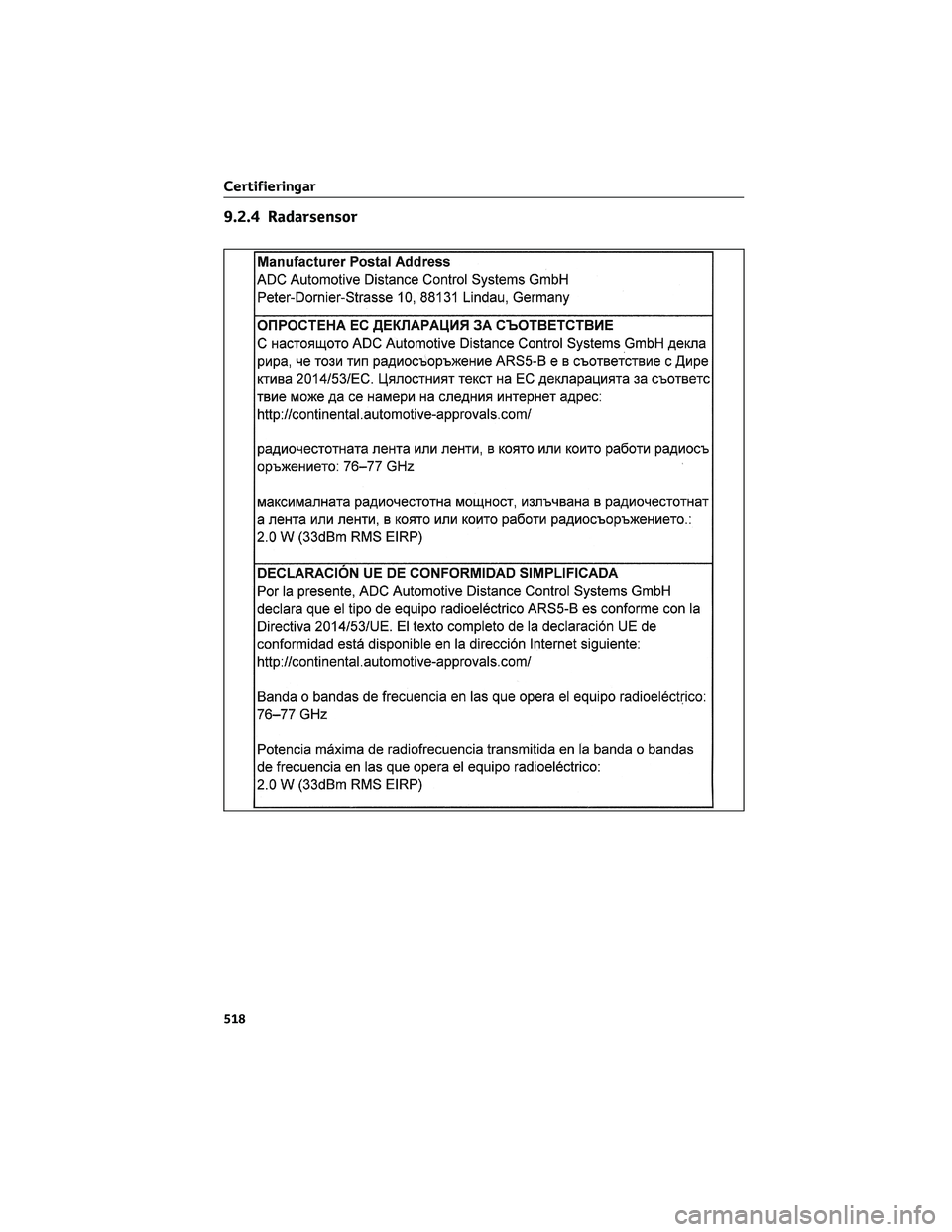 TOYOTA RAV4 2022 Bruksanvisningar (in Swedish) 9.2.4 Radarsensor
Certifieringar
518 TOYOTA RAV4 2022 Bruksanvisningar (in Swedish) 9.2.4 Radarsensor
Certifieringar
518