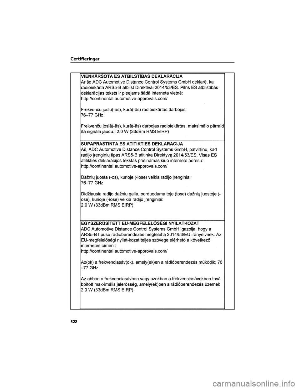 TOYOTA RAV4 2022  Bruksanvisningar (in Swedish) Certifieringar
522 