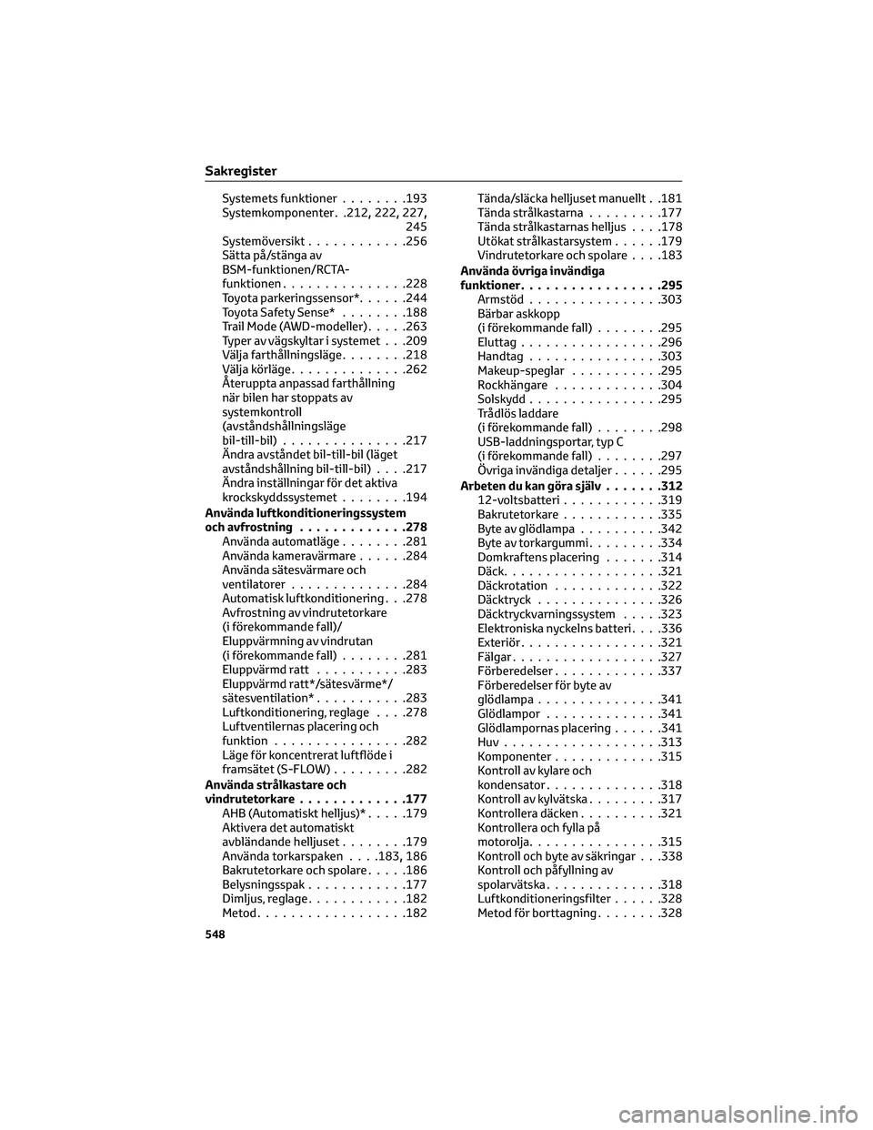 TOYOTA RAV4 2022 Bruksanvisningar (in Swedish) Systemets funktioner........193
Systemkomponenter . .212,222,227,245
Systemöversikt............256
Sätta på/stänga av
BSM-funktionen/RCTA-
funktionen...............228
Toyota parkeringssensor*.... TOYOTA RAV4 2022 Bruksanvisningar (in Swedish) Systemets funktioner........193
Systemkomponenter . .212,222,227,245
Systemöversikt............256
Sätta på/stänga av
BSM-funktionen/RCTA-
funktionen...............228
Toyota parkeringssensor*....