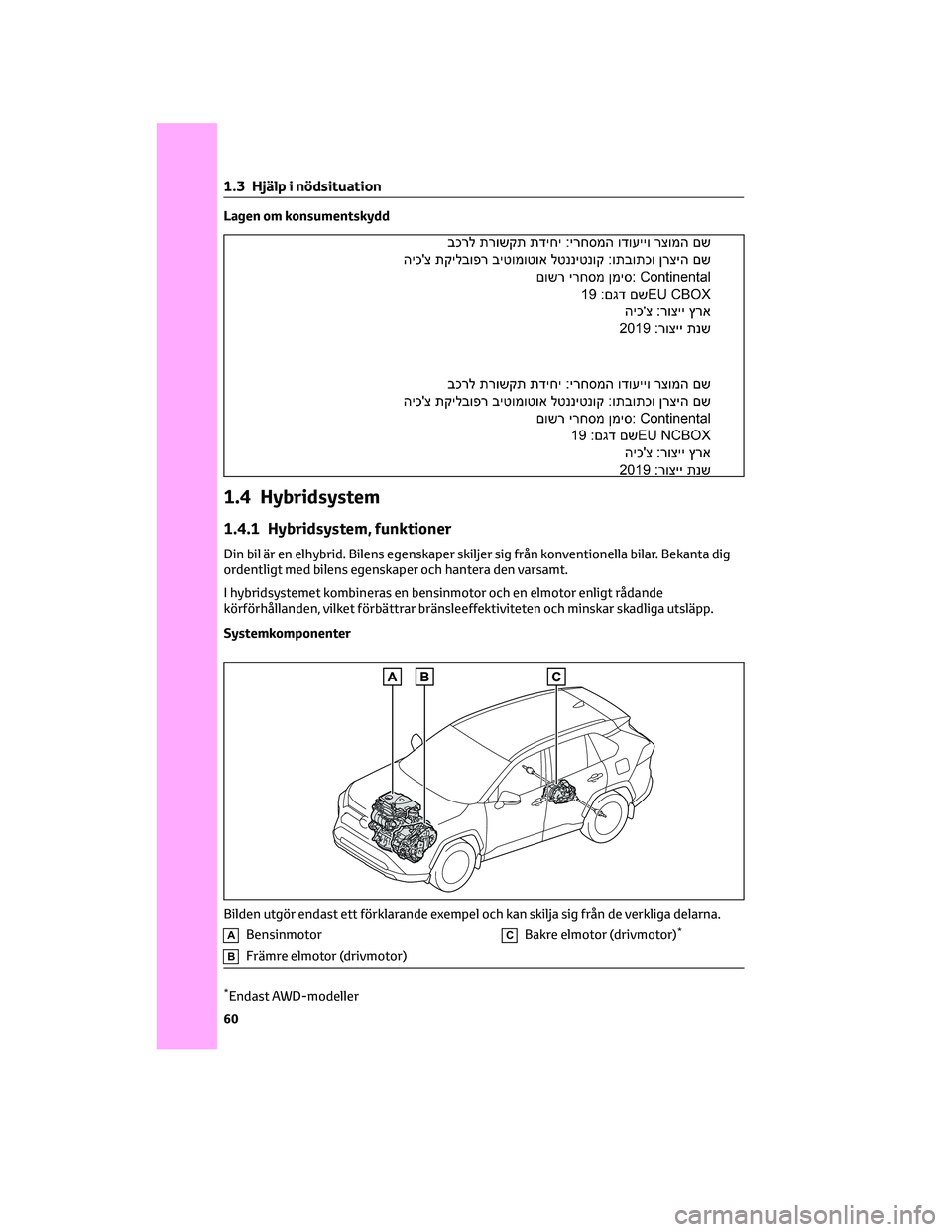 TOYOTA RAV4 2022 Bruksanvisningar (in Swedish) Lagen om konsumentskydd
1.4 Hybridsystem
1.4.1 Hybridsystem, funktioner
Din bil är en elhybrid. Bilens egenskaper skiljer sig från konventionella bilar. Bekanta dig
ordentligt med bilens egenskaper TOYOTA RAV4 2022 Bruksanvisningar (in Swedish) Lagen om konsumentskydd
1.4 Hybridsystem
1.4.1 Hybridsystem, funktioner
Din bil är en elhybrid. Bilens egenskaper skiljer sig från konventionella bilar. Bekanta dig
ordentligt med bilens egenskaper