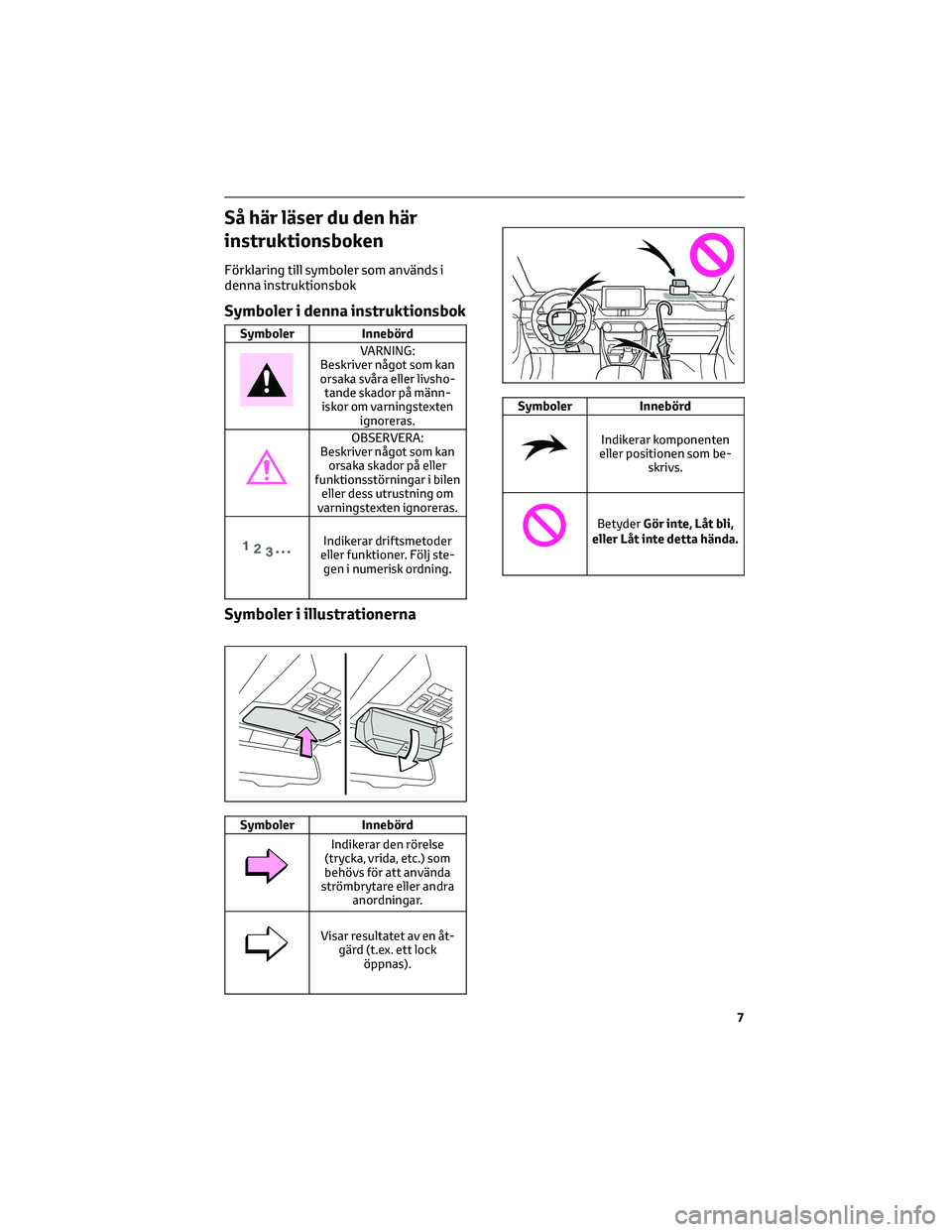 TOYOTA RAV4 2022  Bruksanvisningar (in Swedish) Så här läser du den här
instruktionsboken
Förklaring till symboler som används i
denna instruktionsbok
Symboler i denna instruktionsbok
Symboler Innebörd
VARNING:
Beskriver något som kan
orsak