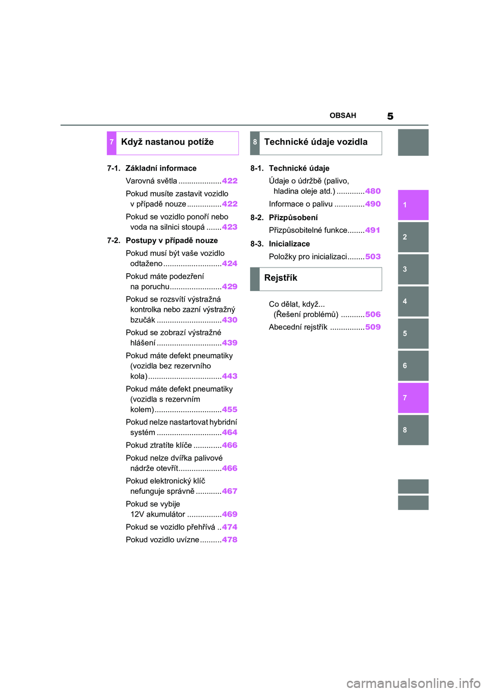 TOYOTA RAV4 2022  Návod na použití (in Czech) 5OBSAH
1
6 5
4
3
2
8
7
7-1. Základní informace
Varovná světla ....................422
Pokud musíte zastavit vozidlo 
v případě nouze ................422
Pokud se vozidlo ponoří nebo 
voda na