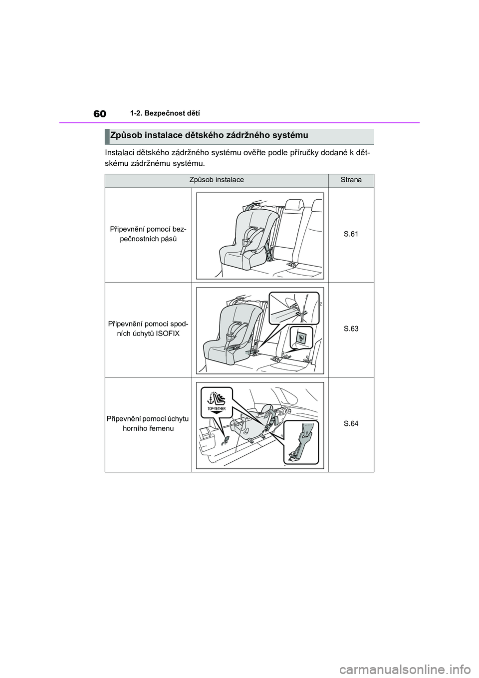 TOYOTA RAV4 2022 Návod na použití (in Czech) 601-2. Bezpečnost dětí
Instalaci dětského zádržného systému ověřte podle příručky dodané k dět-
skému zádržnému systému.
Způsob instalace dětského zádržného systému
Způso TOYOTA RAV4 2022 Návod na použití (in Czech) 601-2. Bezpečnost dětí
Instalaci dětského zádržného systému ověřte podle příručky dodané k dět-
skému zádržnému systému.
Způsob instalace dětského zádržného systému
Způso