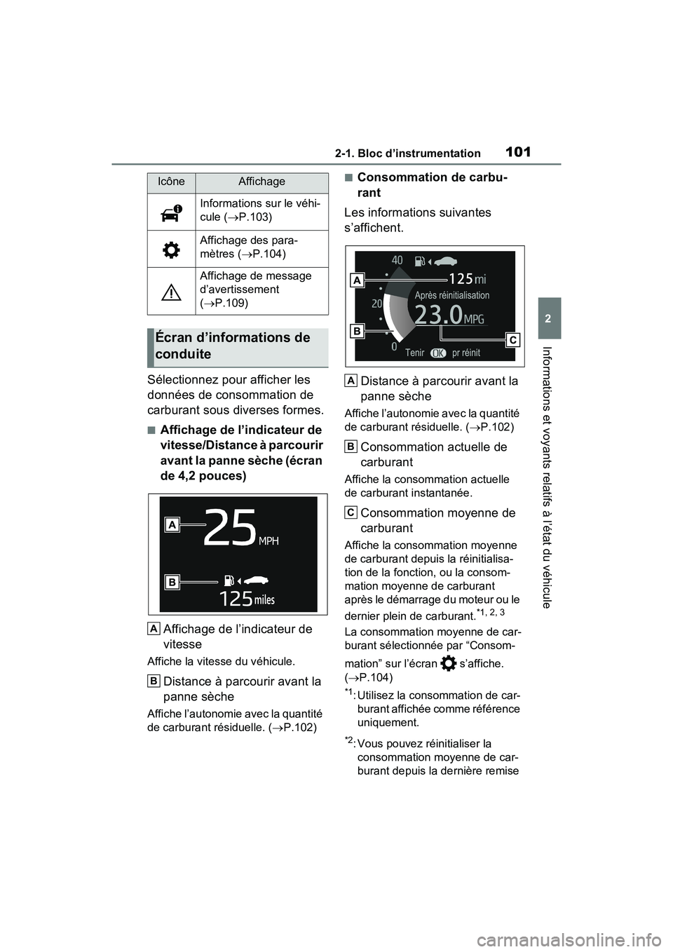 TOYOTA RAV4 2021  Manuel du propriétaire (in French) 1012-1. Bloc d’instrumentation
2
Informations et voyants relatifs à l’état du véhicule
Sélectionnez pour afficher les 
données de consommation de 
carburant sous diverses formes.
■Affichage