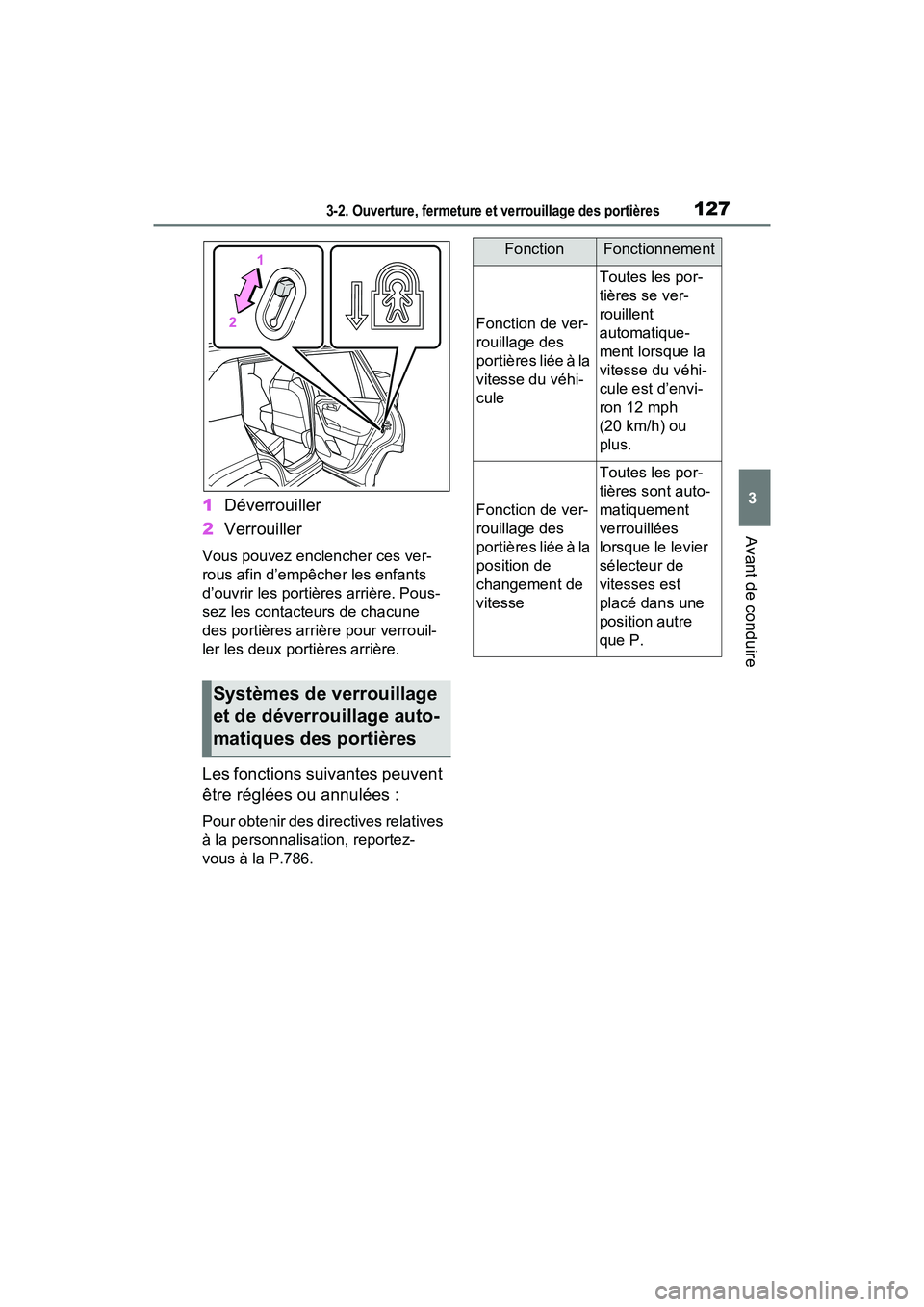 TOYOTA RAV4 2021  Manuel du propriétaire (in French) 1273-2. Ouverture, fermeture et verrouillage des portières
3
Avant de conduire
1Déverrouiller
2 Verrouiller
Vous pouvez enclencher ces ver-
rous afin d’empêcher les enfants 
d’ouvrir les porti