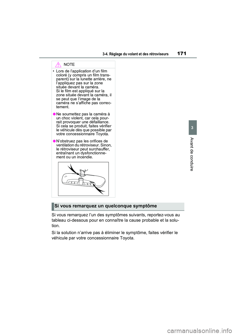 TOYOTA RAV4 2021 Manuel du propriétaire (in French) 1713-4. Réglage du volant et des rétroviseurs
3
Avant de conduire
Si vous remarquez l’un des symptômes suivants, reportez-vous au
tableau ci-dessous pour en connaître la cause probable et la so TOYOTA RAV4 2021 Manuel du propriétaire (in French) 1713-4. Réglage du volant et des rétroviseurs
3
Avant de conduire
Si vous remarquez l’un des symptômes suivants, reportez-vous au
tableau ci-dessous pour en connaître la cause probable et la so