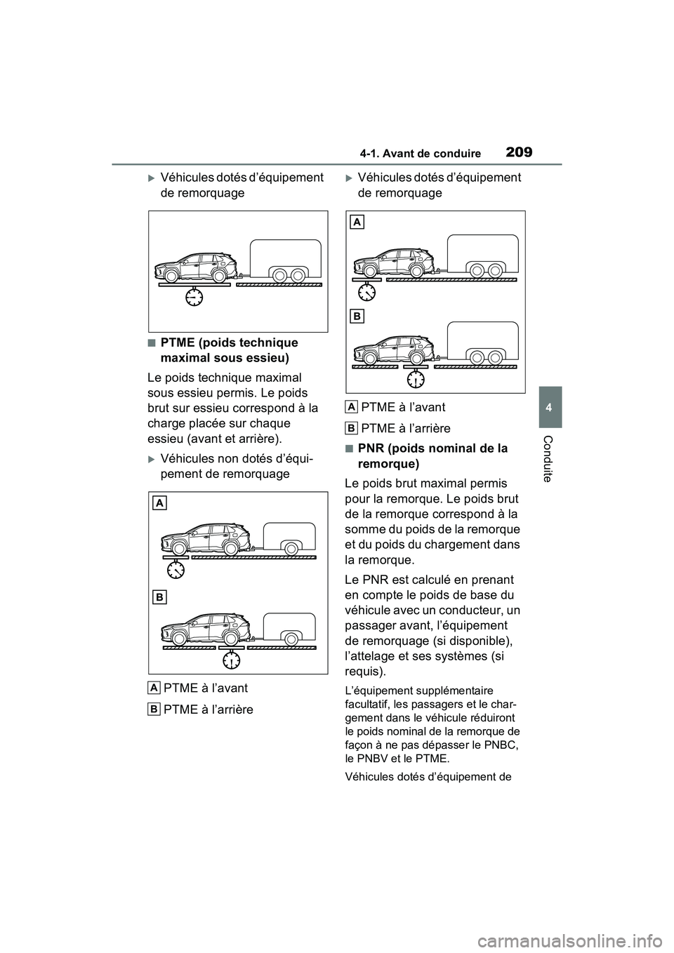TOYOTA RAV4 2021  Manuel du propriétaire (in French) 2094-1. Avant de conduire
4
Conduite
Véhicules dotés d’équipement 
de remorquage
■PTME (poids technique 
maximal sous essieu)
Le poids technique maximal 
sous essieu permis. Le poids 
brut s