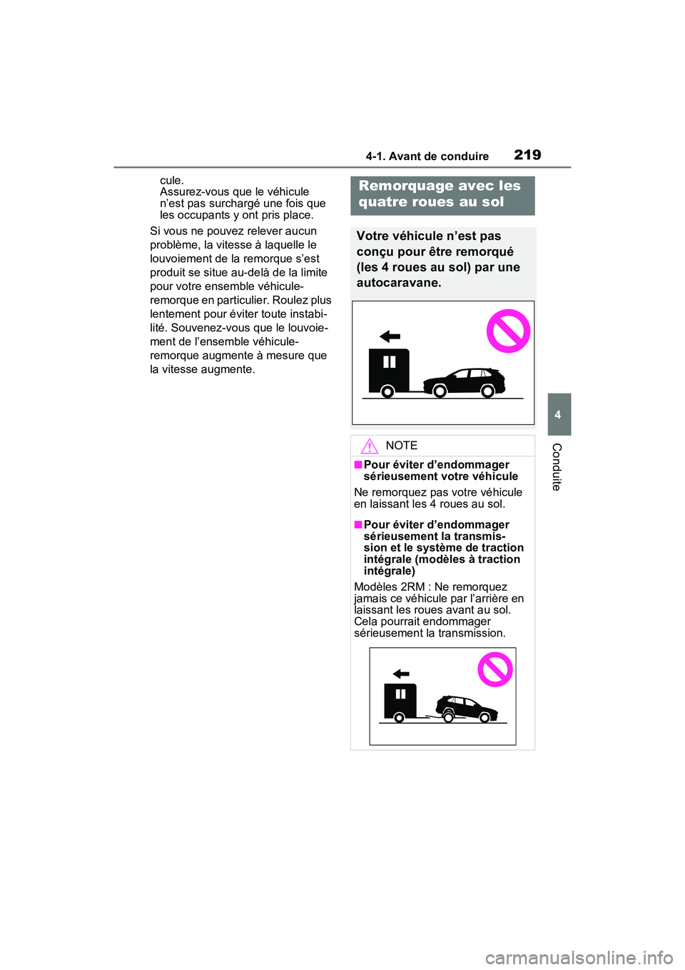 TOYOTA RAV4 2021 Manuel du propriétaire (in French) 2194-1. Avant de conduire
4
Conduite
cule.
Assurez-vous que le véhicule
n’est pas surchargé une fois que
les occupants y ont pris place.
Si vous ne pouvez relever aucun
problème, la vitesse à TOYOTA RAV4 2021 Manuel du propriétaire (in French) 2194-1. Avant de conduire
4
Conduite
cule.
Assurez-vous que le véhicule
n’est pas surchargé une fois que
les occupants y ont pris place.
Si vous ne pouvez relever aucun
problème, la vitesse à