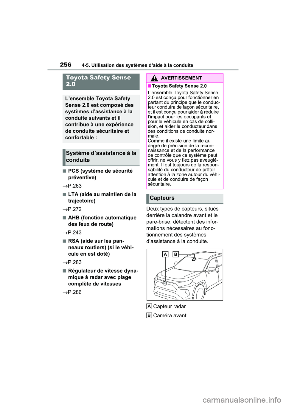 TOYOTA RAV4 2021 Manuel du propriétaire (in French) 2564-5. Utilisation des systèmes d’aide à la conduite
4-5 .Utilisatio n d es sys tèmes d ’aide à la condu ite
■PCS (système de sécurité
préventive)
P.263
■LTA (aide au maintien d TOYOTA RAV4 2021 Manuel du propriétaire (in French) 2564-5. Utilisation des systèmes d’aide à la conduite
4-5 .Utilisatio n d es sys tèmes d ’aide à la condu ite
■PCS (système de sécurité
préventive)
P.263
■LTA (aide au maintien d