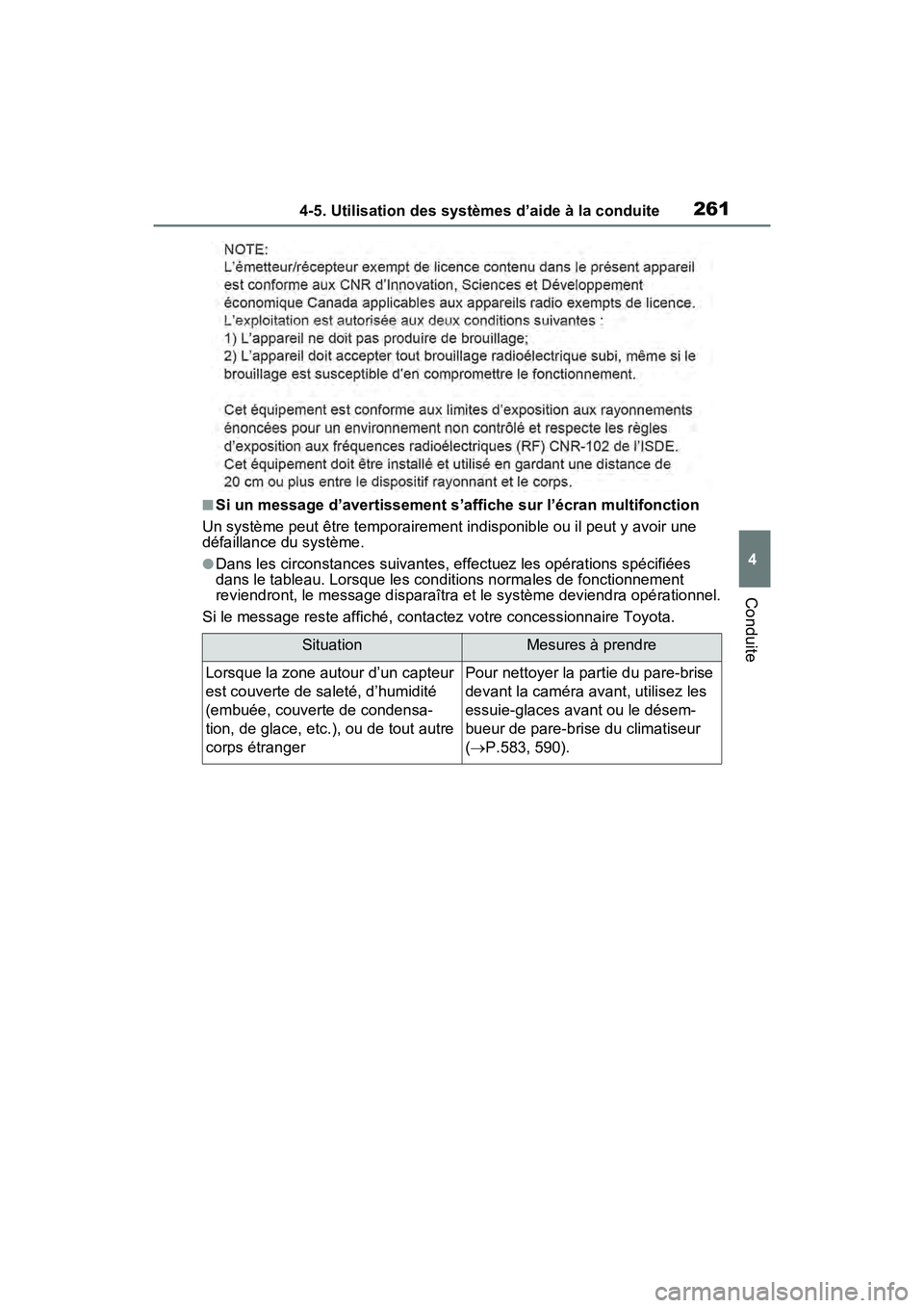 TOYOTA RAV4 2021  Manuel du propriétaire (in French) 2614-5. Utilisation des systèmes d’aide à la conduite
4
Conduite
■Si un message d’avertissement s’affiche sur l’écran multifonction
Un système peut être temporairement indisponible ou i