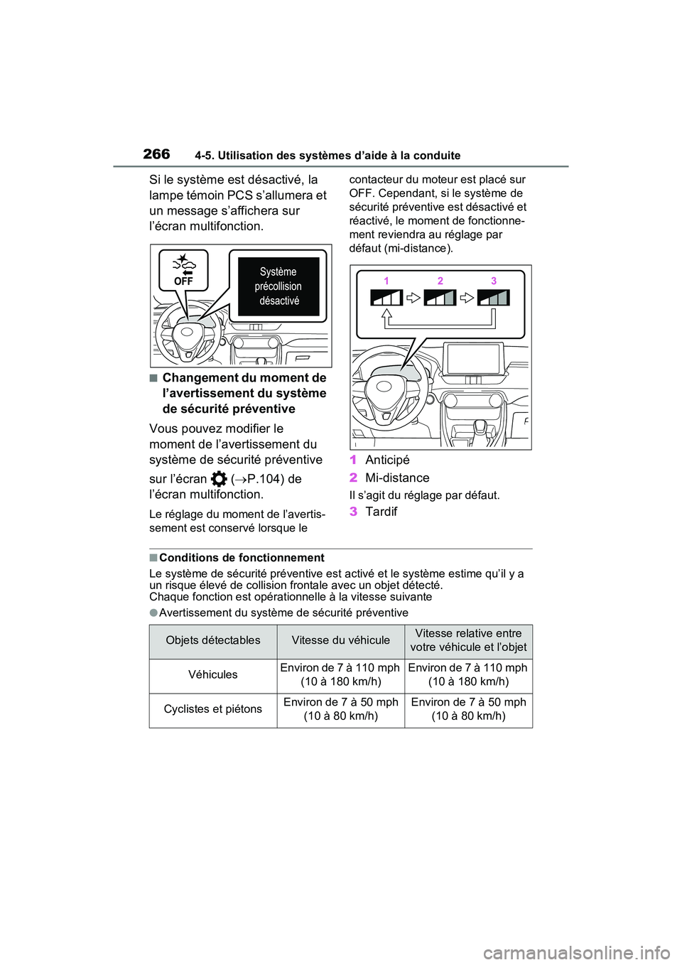 TOYOTA RAV4 2021  Manuel du propriétaire (in French) 2664-5. Utilisation des systèmes d’aide à la conduite
Si le système est désactivé, la 
lampe témoin PCS s’allumera et 
un message s’affichera sur 
l’écran multifonction.
■Changement d