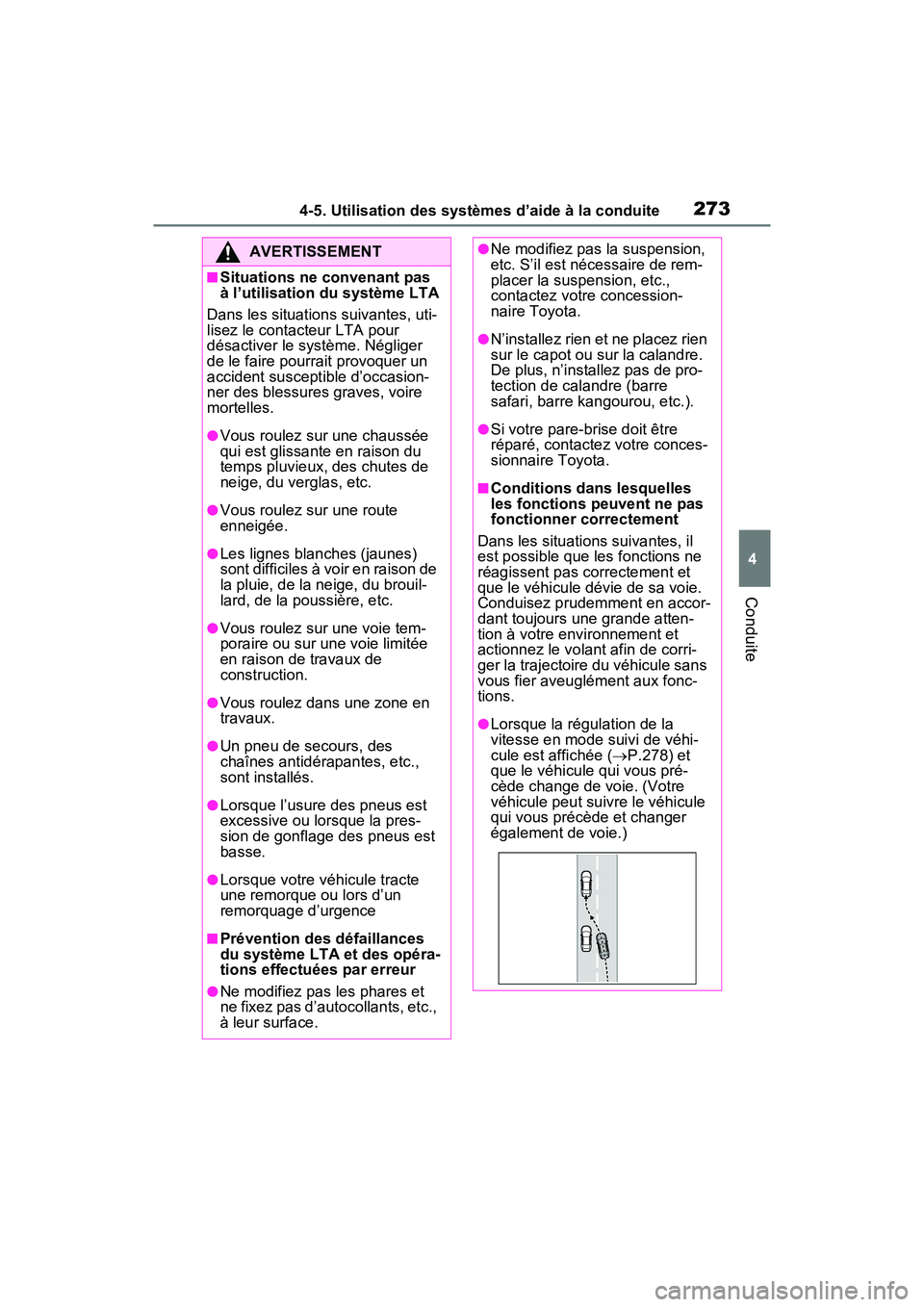 TOYOTA RAV4 2021  Manuel du propriétaire (in French) 2734-5. Utilisation des systèmes d’aide à la conduite
4
Conduite
AVERTISSEMENT
■Situations ne convenant pas 
à l’utilisation du système LTA
Dans les situations suivantes, uti-
lisez le conta
