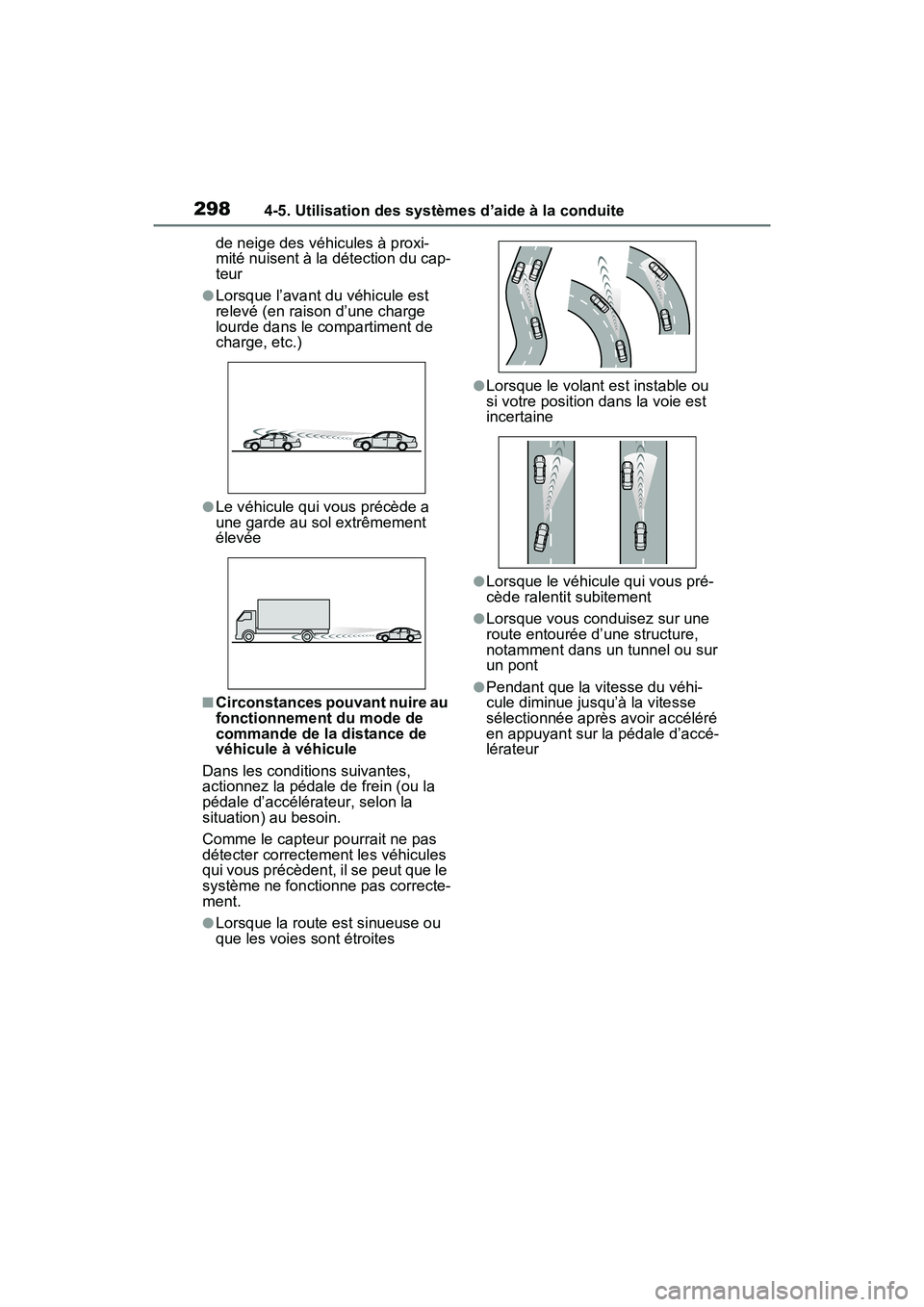 TOYOTA RAV4 2021 Manuel du propriétaire (in French) 2984-5. Utilisation des systèmes d’aide à la conduite
de neige des véhicules à proxi-
mité nuisent à la détection du cap-
teur
●Lorsque l’avant du véhicule est
relevé (en raison d’un TOYOTA RAV4 2021 Manuel du propriétaire (in French) 2984-5. Utilisation des systèmes d’aide à la conduite
de neige des véhicules à proxi-
mité nuisent à la détection du cap-
teur
●Lorsque l’avant du véhicule est
relevé (en raison d’un