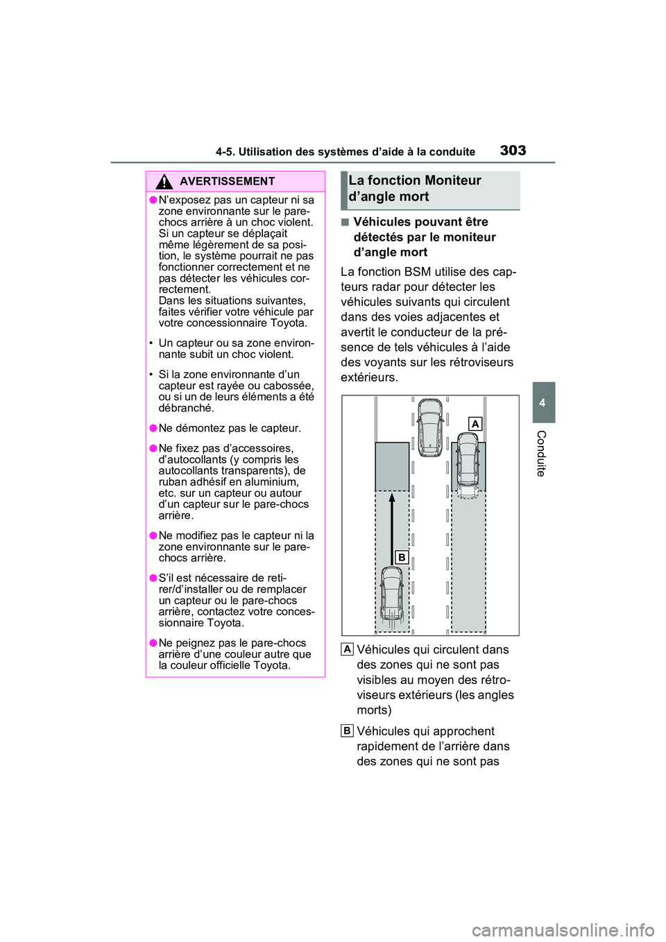 TOYOTA RAV4 2021 Manuel du propriétaire (in French) 3034-5. Utilisation des systèmes d’aide à la conduite
4
Conduite
■Véhicules pouvant être
détectés par le moniteur
d’angle mort
La fonction BSM utilise des cap-
teurs radar pour détecter TOYOTA RAV4 2021 Manuel du propriétaire (in French) 3034-5. Utilisation des systèmes d’aide à la conduite
4
Conduite
■Véhicules pouvant être
détectés par le moniteur
d’angle mort
La fonction BSM utilise des cap-
teurs radar pour détecter
