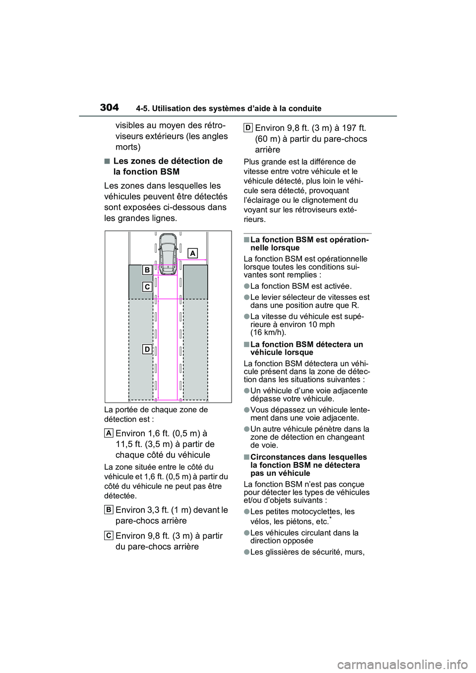 TOYOTA RAV4 2021 Manuel du propriétaire (in French) 3044-5. Utilisation des systèmes d’aide à la conduite
visibles au moyen des rétro-
viseurs extérieurs (les angles
morts)
■Les zones de détection de
la fonction BSM
Les zones dans lesquelles TOYOTA RAV4 2021 Manuel du propriétaire (in French) 3044-5. Utilisation des systèmes d’aide à la conduite
visibles au moyen des rétro-
viseurs extérieurs (les angles
morts)
■Les zones de détection de
la fonction BSM
Les zones dans lesquelles