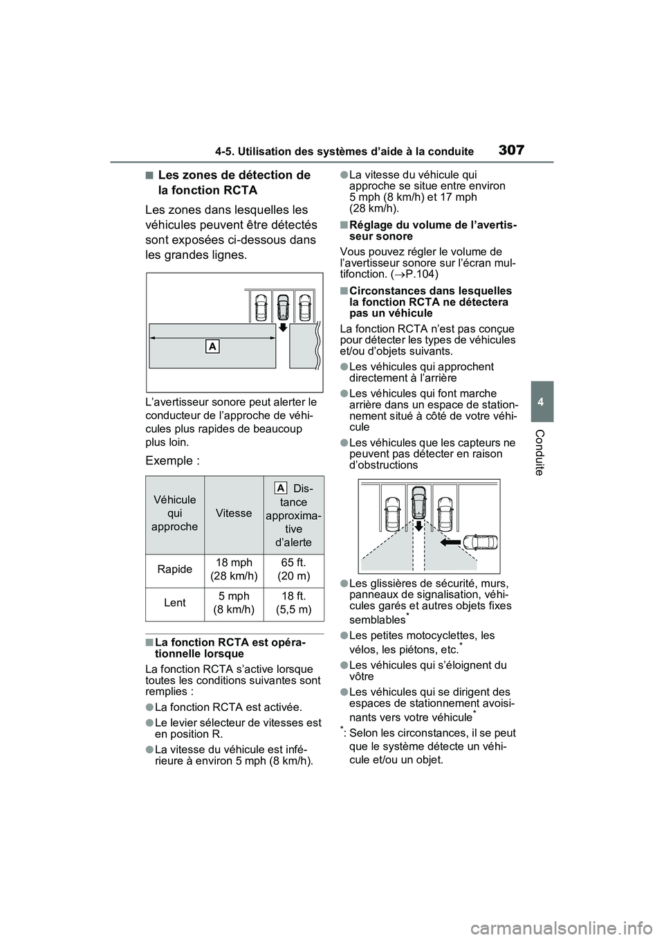 TOYOTA RAV4 2021 Manuel du propriétaire (in French) 3074-5. Utilisation des systèmes d’aide à la conduite
4
Conduite
■Les zones de détection de
la fonction RCTA
Les zones dans lesquelles les
véhicules peuvent être détectés
sont exposées TOYOTA RAV4 2021 Manuel du propriétaire (in French) 3074-5. Utilisation des systèmes d’aide à la conduite
4
Conduite
■Les zones de détection de
la fonction RCTA
Les zones dans lesquelles les
véhicules peuvent être détectés
sont exposées