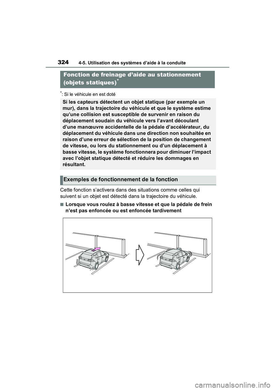TOYOTA RAV4 2021 Manuel du propriétaire (in French) 3244-5. Utilisation des systèmes d’aide à la conduite
*: Si le véhicule en est doté
Cette fonction s’activera dans des situations comme celles qui
suivent si un objet est détecté dans la tr TOYOTA RAV4 2021 Manuel du propriétaire (in French) 3244-5. Utilisation des systèmes d’aide à la conduite
*: Si le véhicule en est doté
Cette fonction s’activera dans des situations comme celles qui
suivent si un objet est détecté dans la tr