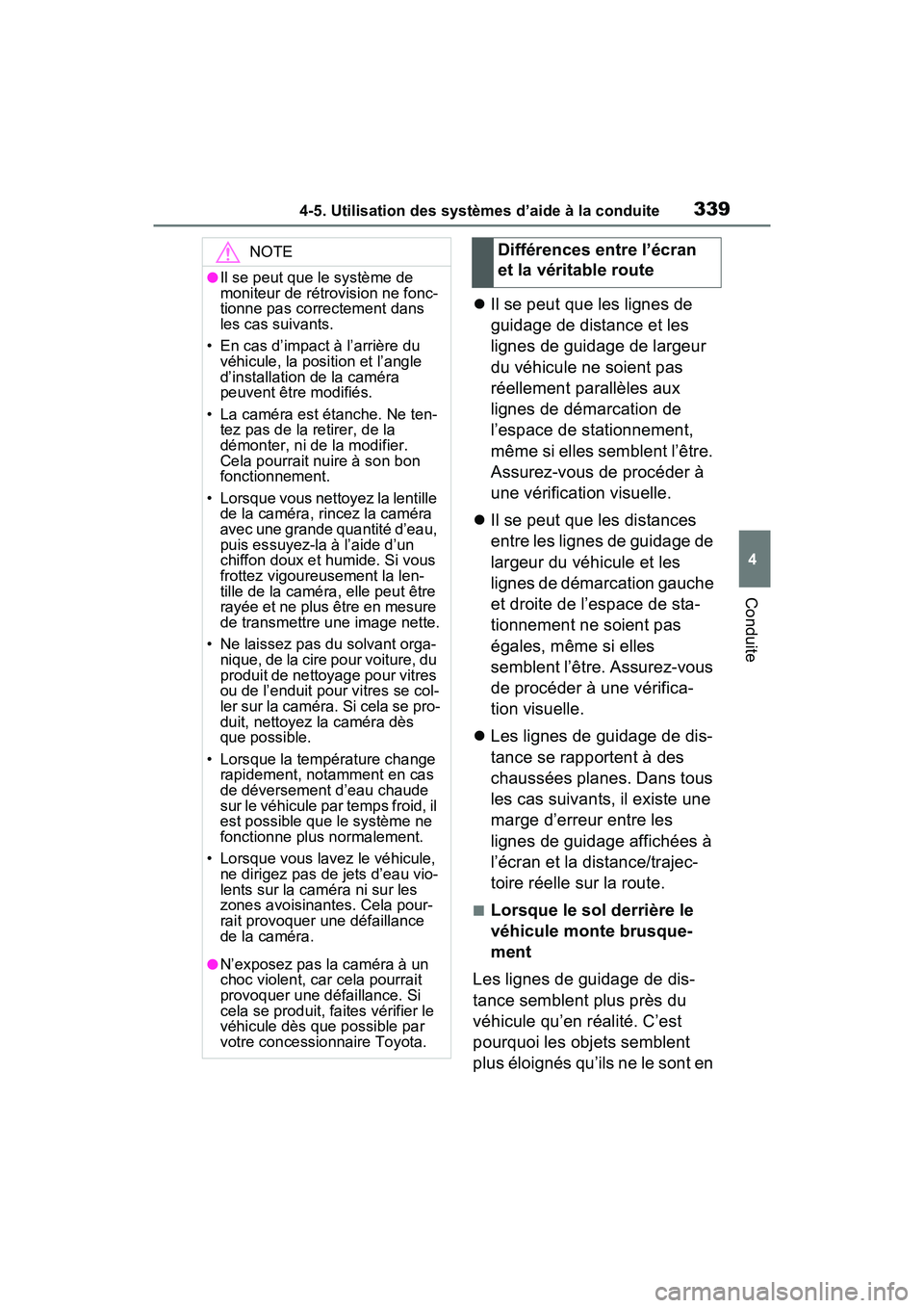 TOYOTA RAV4 2021 Manuel du propriétaire (in French) 3394-5. Utilisation des systèmes d’aide à la conduite
4
Conduite
Il se peut que les lignes de
guidage de distance et les
lignes de guidage de largeur
du véhicule ne soient pas
réellement TOYOTA RAV4 2021 Manuel du propriétaire (in French) 3394-5. Utilisation des systèmes d’aide à la conduite
4
Conduite
Il se peut que les lignes de
guidage de distance et les
lignes de guidage de largeur
du véhicule ne soient pas
réellement