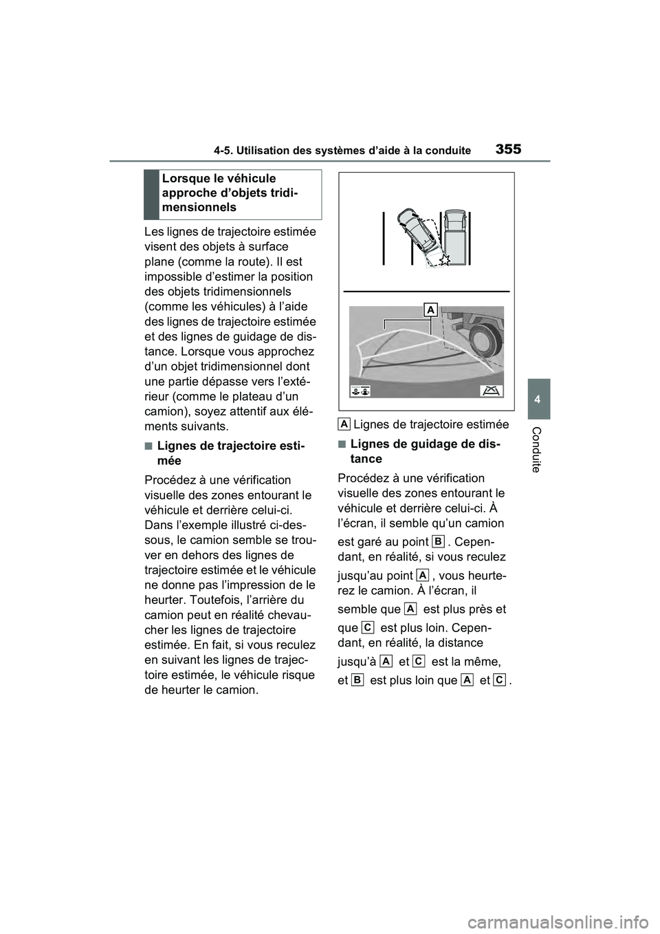 TOYOTA RAV4 2021 Manuel du propriétaire (in French) 3554-5. Utilisation des systèmes d’aide à la conduite
4
Conduite
Les lignes de trajectoire estimée
visent des objets à surface
plane (comme la route). Il est
impossible d’estimer la positio TOYOTA RAV4 2021 Manuel du propriétaire (in French) 3554-5. Utilisation des systèmes d’aide à la conduite
4
Conduite
Les lignes de trajectoire estimée
visent des objets à surface
plane (comme la route). Il est
impossible d’estimer la positio