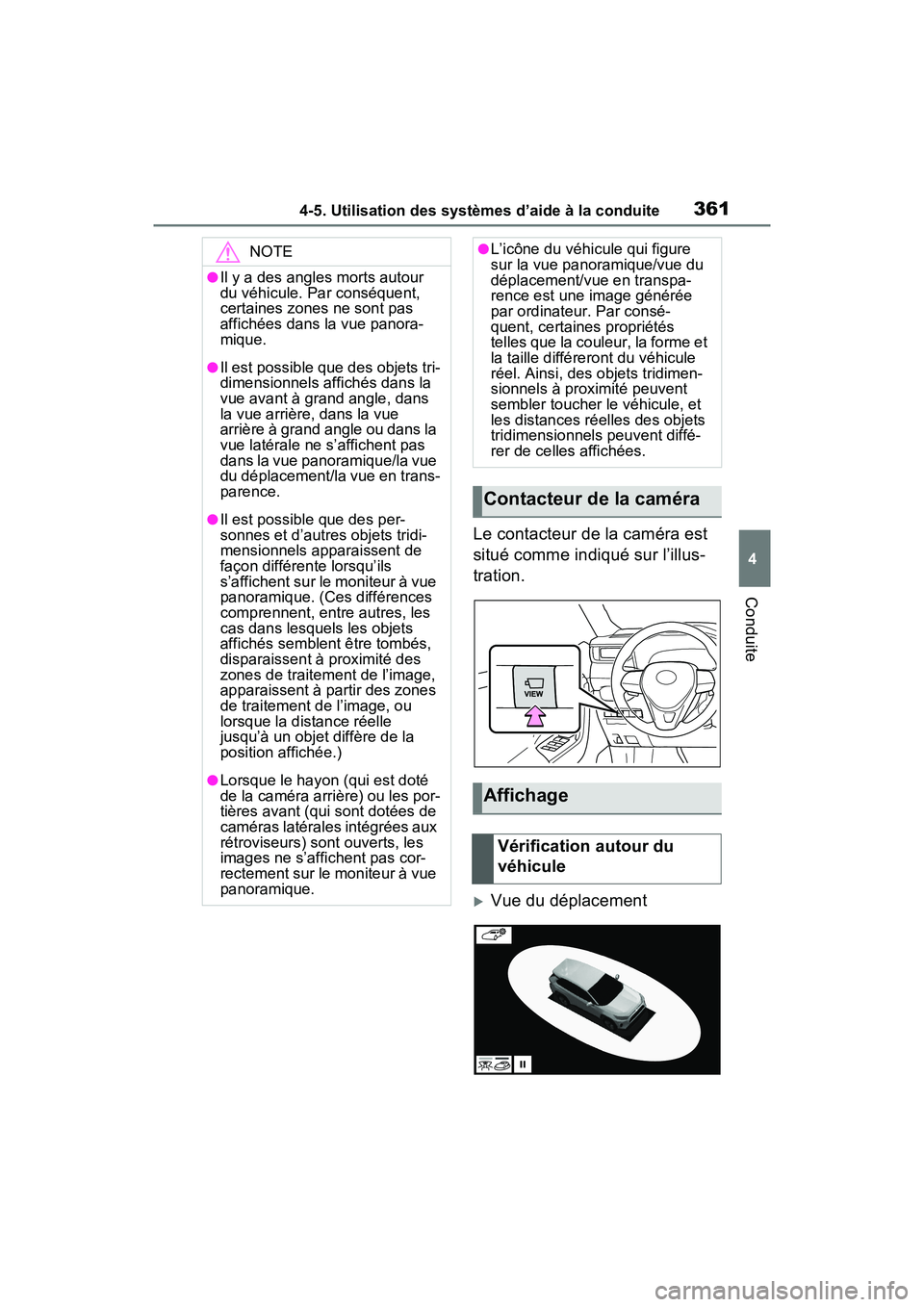 TOYOTA RAV4 2021 Manuel du propriétaire (in French) 3614-5. Utilisation des systèmes d’aide à la conduite
4
Conduite
Le contacteur de la caméra est
situé comme indiqué sur l’illus-
tration.
Vue du déplacement
NOTE
●Il y a des angles mor TOYOTA RAV4 2021 Manuel du propriétaire (in French) 3614-5. Utilisation des systèmes d’aide à la conduite
4
Conduite
Le contacteur de la caméra est
situé comme indiqué sur l’illus-
tration.
Vue du déplacement
NOTE
●Il y a des angles mor