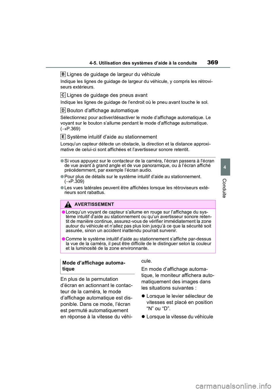 TOYOTA RAV4 2021 Manuel du propriétaire (in French) 3694-5. Utilisation des systèmes d’aide à la conduite
4
Conduite
Lignes de guidage de largeur du véhicule
Indique les lignes de guidage de largeur du véhicule, y compris les rétrovi-
seurs ext TOYOTA RAV4 2021 Manuel du propriétaire (in French) 3694-5. Utilisation des systèmes d’aide à la conduite
4
Conduite
Lignes de guidage de largeur du véhicule
Indique les lignes de guidage de largeur du véhicule, y compris les rétrovi-
seurs ext