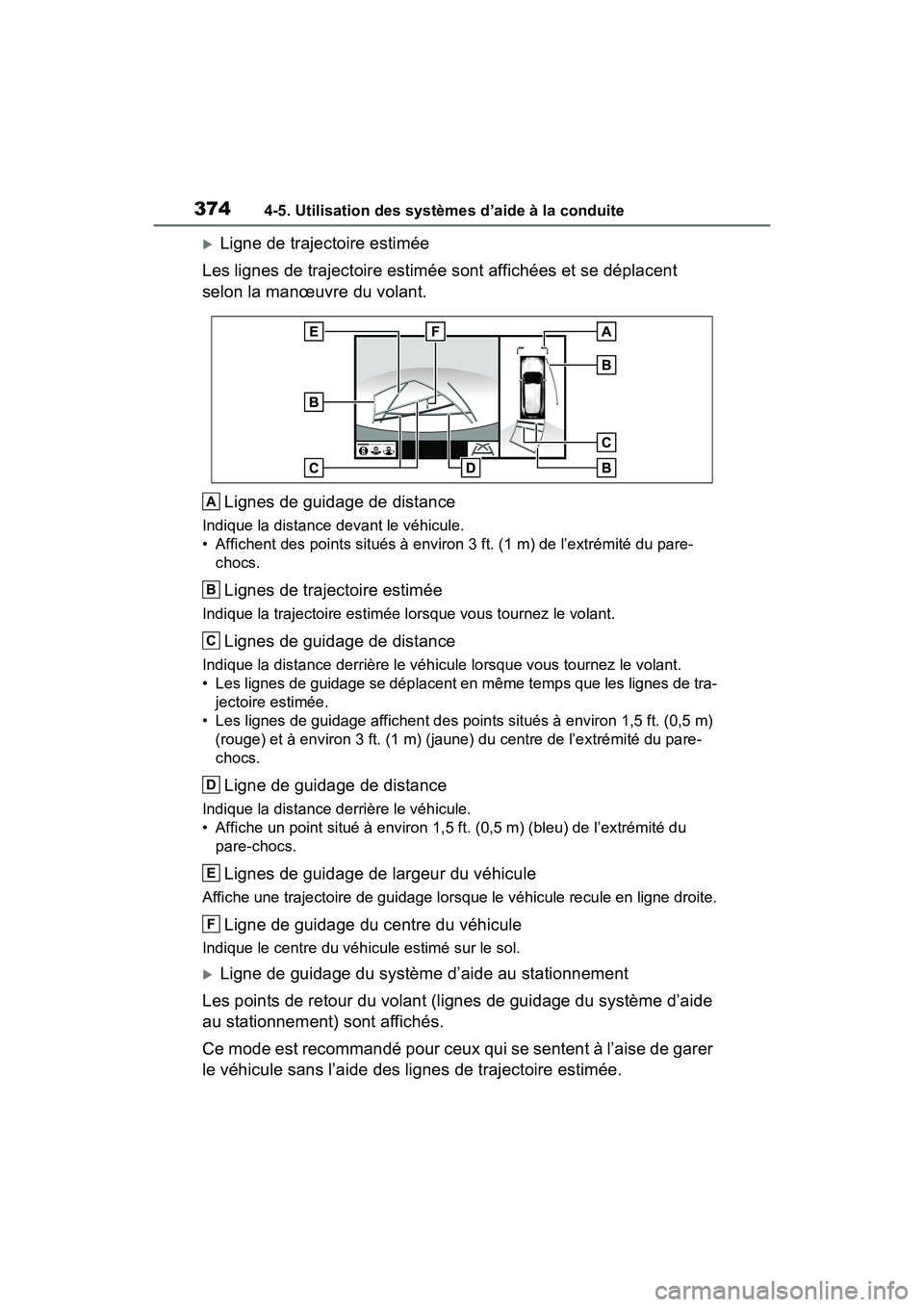 TOYOTA RAV4 2021 Manuel du propriétaire (in French) 3744-5. Utilisation des systèmes d’aide à la conduite
Ligne de trajectoire estimée
Les lignes de trajectoire estimée sont affichées et se déplacent
selon la manœuvre du volant.
Lignes de TOYOTA RAV4 2021 Manuel du propriétaire (in French) 3744-5. Utilisation des systèmes d’aide à la conduite
Ligne de trajectoire estimée
Les lignes de trajectoire estimée sont affichées et se déplacent
selon la manœuvre du volant.
Lignes de