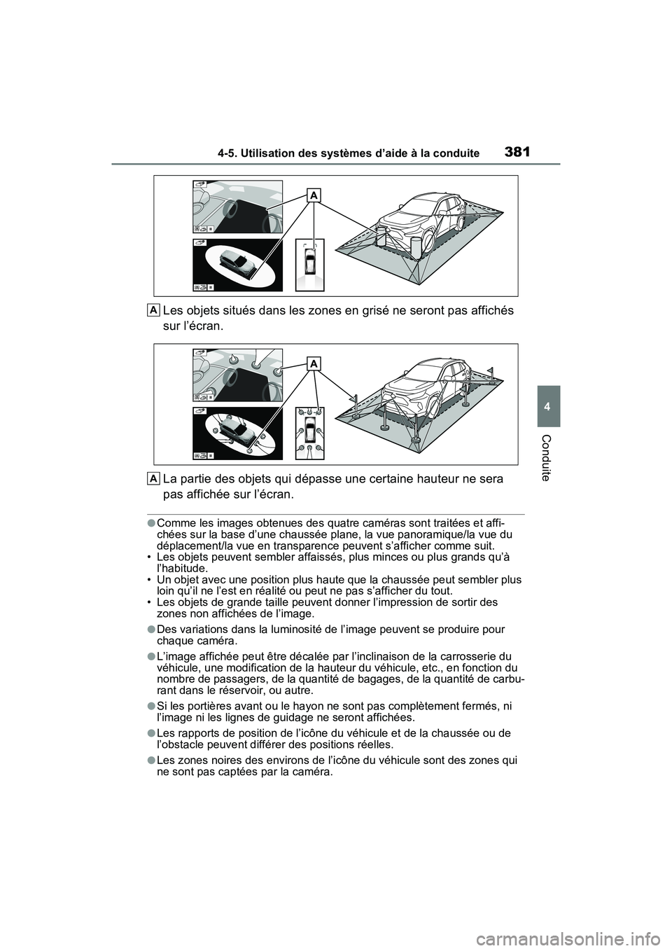 TOYOTA RAV4 2021 Manuel du propriétaire (in French) 3814-5. Utilisation des systèmes d’aide à la conduite
4
Conduite
Les objets situés dans les zones en grisé ne seront pas affichés
sur l’écran.
La partie des objets qui dépasse une certaine TOYOTA RAV4 2021 Manuel du propriétaire (in French) 3814-5. Utilisation des systèmes d’aide à la conduite
4
Conduite
Les objets situés dans les zones en grisé ne seront pas affichés
sur l’écran.
La partie des objets qui dépasse une certaine