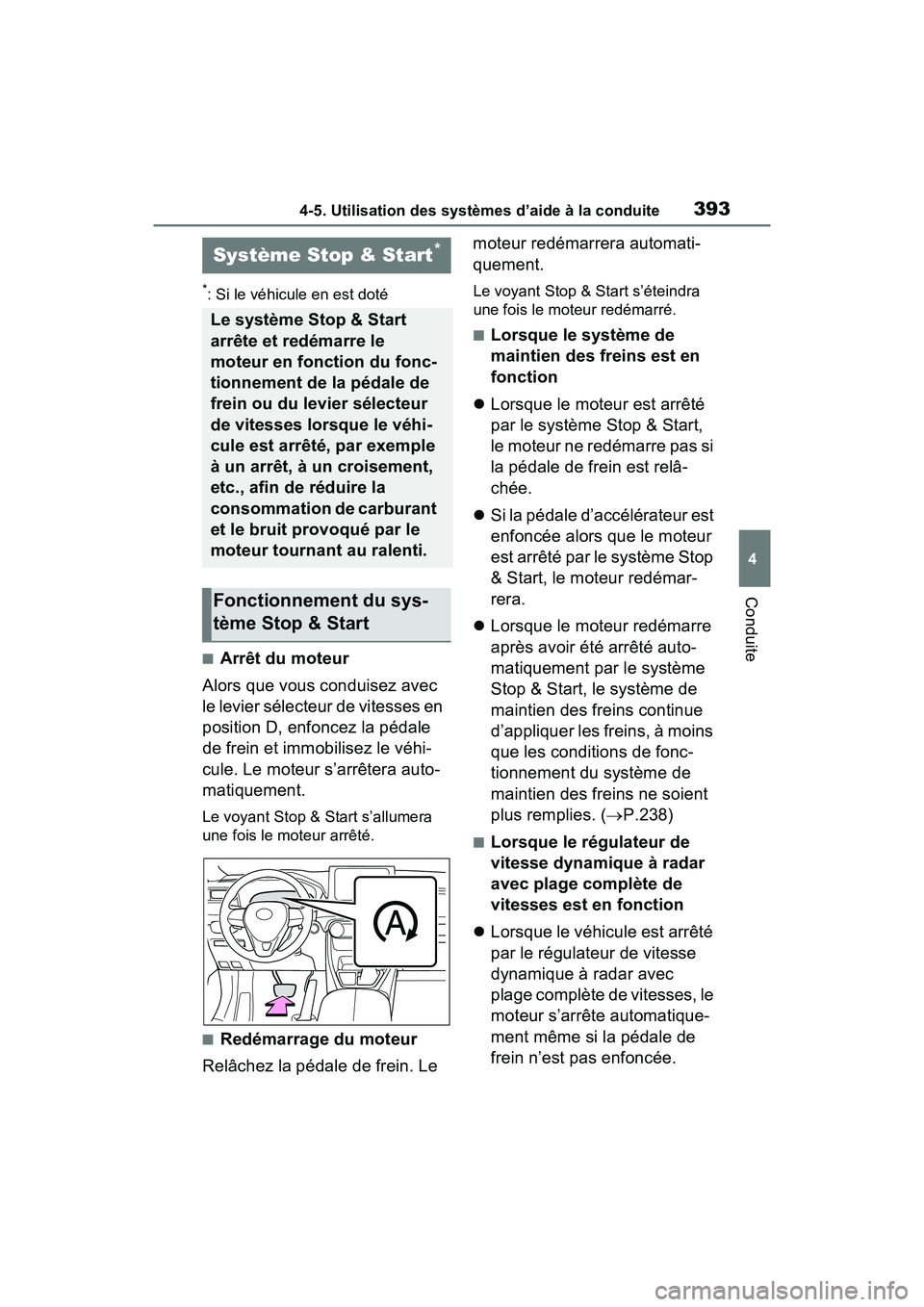 TOYOTA RAV4 2021 Manuel du propriétaire (in French) 3934-5. Utilisation des systèmes d’aide à la conduite
4
Conduite
*: Si le véhicule en est doté
■Arrêt du moteur
Alors que vous conduisez avec
le levier sélecteur de vitesses en
position D, TOYOTA RAV4 2021 Manuel du propriétaire (in French) 3934-5. Utilisation des systèmes d’aide à la conduite
4
Conduite
*: Si le véhicule en est doté
■Arrêt du moteur
Alors que vous conduisez avec
le levier sélecteur de vitesses en
position D,