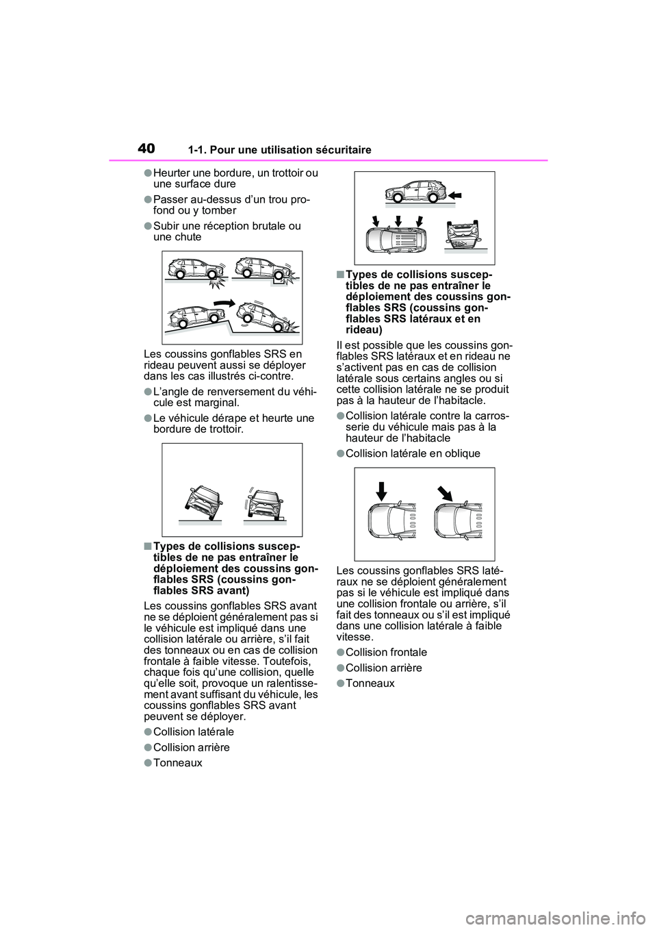TOYOTA RAV4 2021  Manuel du propriétaire (in French) 401-1. Pour une utilisation sécuritaire
●Heurter une bordure, un trottoir ou 
une surface dure
●Passer au-dessus d’un trou pro-
fond ou y tomber
●Subir une réception brutale ou 
une chute
Le