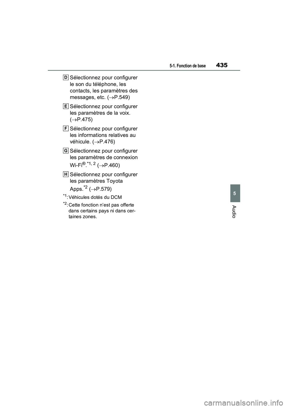 TOYOTA RAV4 2021 Manuel du propriétaire (in French) 4355-1. Fonction de base
5
Audio
Sélectionnez pour configurer
le son du téléphone, les
contacts, les paramètres des
messages, etc. (P.549)
Sélectionnez pour configurer
les paramètres de l TOYOTA RAV4 2021 Manuel du propriétaire (in French) 4355-1. Fonction de base
5
Audio
Sélectionnez pour configurer
le son du téléphone, les
contacts, les paramètres des
messages, etc. (P.549)
Sélectionnez pour configurer
les paramètres de l