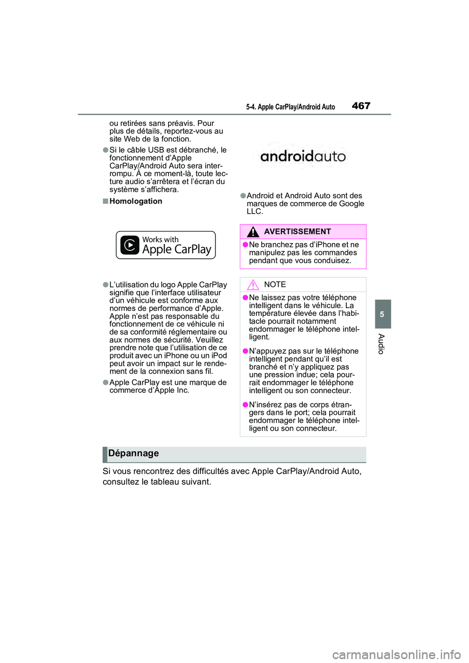 TOYOTA RAV4 2021 Manuel du propriétaire (in French) 4675-4. Apple CarPlay/Android Auto
5
Audio
ou retirées sans préavis. Pour
plus de détails, reportez-vous au
site Web de la fonction.
●Si le câble USB est débranché, le
fonctionnement d’Ap TOYOTA RAV4 2021 Manuel du propriétaire (in French) 4675-4. Apple CarPlay/Android Auto
5
Audio
ou retirées sans préavis. Pour
plus de détails, reportez-vous au
site Web de la fonction.
●Si le câble USB est débranché, le
fonctionnement d’Ap
