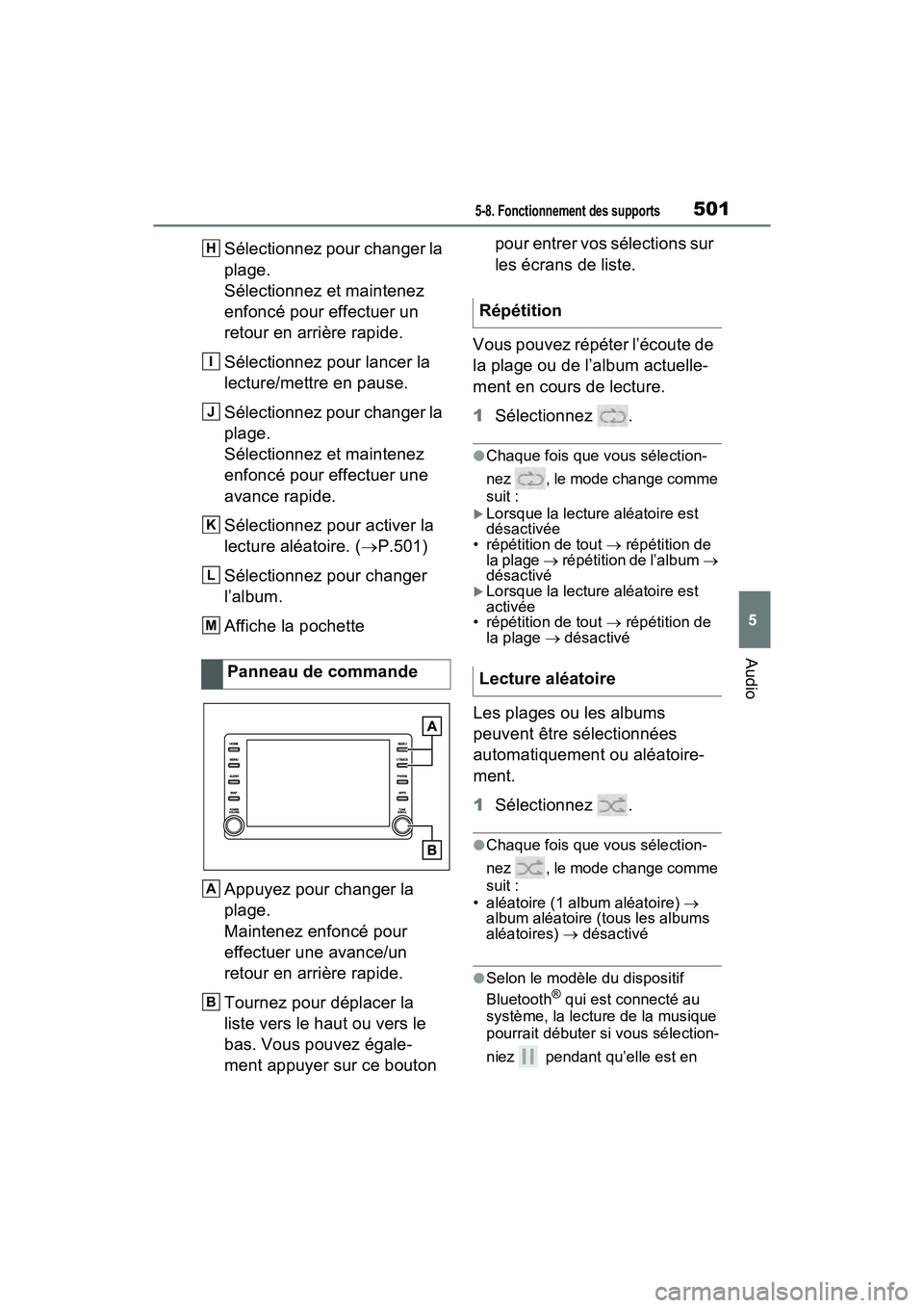 TOYOTA RAV4 2021 Manuel du propriétaire (in French) 5015-8. Fonctionnement des supports
5
Audio
Sélectionnez pour changer la
plage.
Sélectionnez et maintenez
enfoncé pour effectuer un
retour en arrière rapide.
Sélectionnez pour lancer la
lectu TOYOTA RAV4 2021 Manuel du propriétaire (in French) 5015-8. Fonctionnement des supports
5
Audio
Sélectionnez pour changer la
plage.
Sélectionnez et maintenez
enfoncé pour effectuer un
retour en arrière rapide.
Sélectionnez pour lancer la
lectu