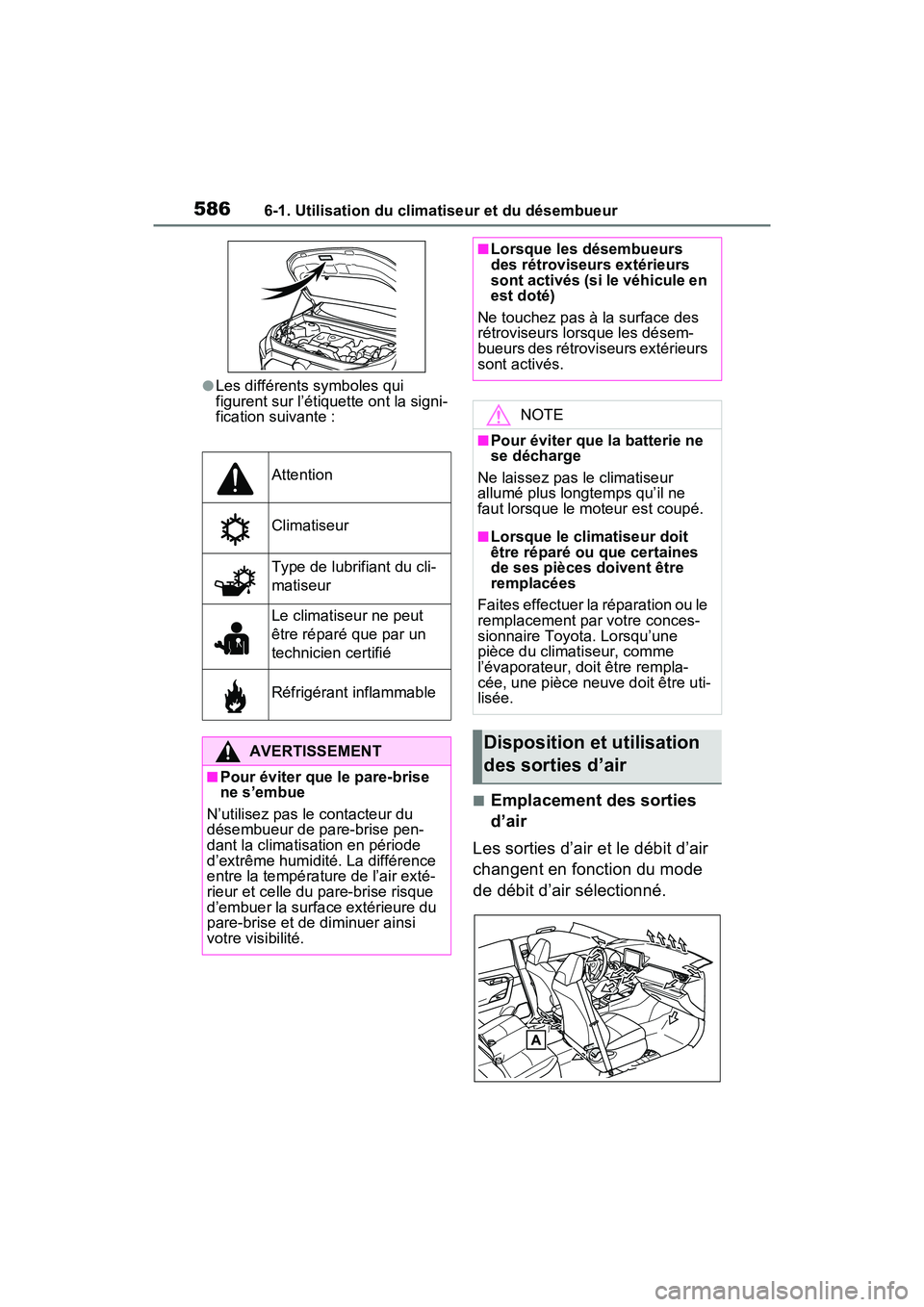 TOYOTA RAV4 2021 Manuel du propriétaire (in French) 5866-1. Utilisation du climatiseur et du désembueur
●Les différents symboles qui
figurent sur l’étiquette ont la signi-
fication suivante :
■Emplacement des sorties
d’air
Les sorties d’ TOYOTA RAV4 2021 Manuel du propriétaire (in French) 5866-1. Utilisation du climatiseur et du désembueur
●Les différents symboles qui
figurent sur l’étiquette ont la signi-
fication suivante :
■Emplacement des sorties
d’air
Les sorties d’