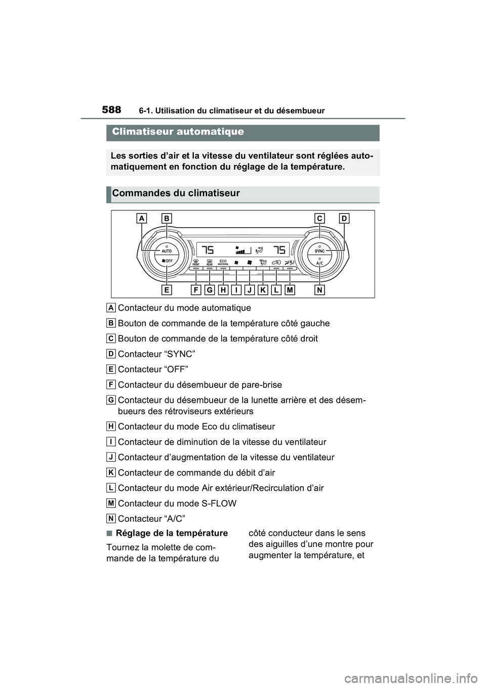 TOYOTA RAV4 2021 Manuel du propriétaire (in French) 5886-1. Utilisation du climatiseur et du désembueur
Contacteur du mode automatique
Bouton de commande de la température côté gauche
Bouton de commande de la température côté droit
Contacteur TOYOTA RAV4 2021 Manuel du propriétaire (in French) 5886-1. Utilisation du climatiseur et du désembueur
Contacteur du mode automatique
Bouton de commande de la température côté gauche
Bouton de commande de la température côté droit
Contacteur