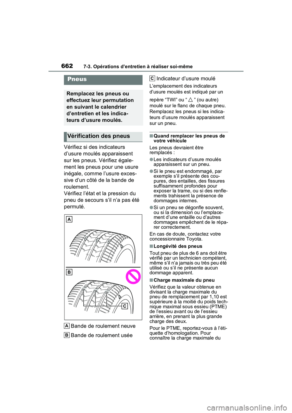 TOYOTA RAV4 2021 Manuel du propriétaire (in French) 6627-3. Opérations d’entretien à réaliser soi-même
Vérifiez si des indicateurs
d’usure moulés apparaissent
sur les pneus. Vérifiez égale-
ment les pneus pour une usure
inégale, comme l TOYOTA RAV4 2021 Manuel du propriétaire (in French) 6627-3. Opérations d’entretien à réaliser soi-même
Vérifiez si des indicateurs
d’usure moulés apparaissent
sur les pneus. Vérifiez égale-
ment les pneus pour une usure
inégale, comme l