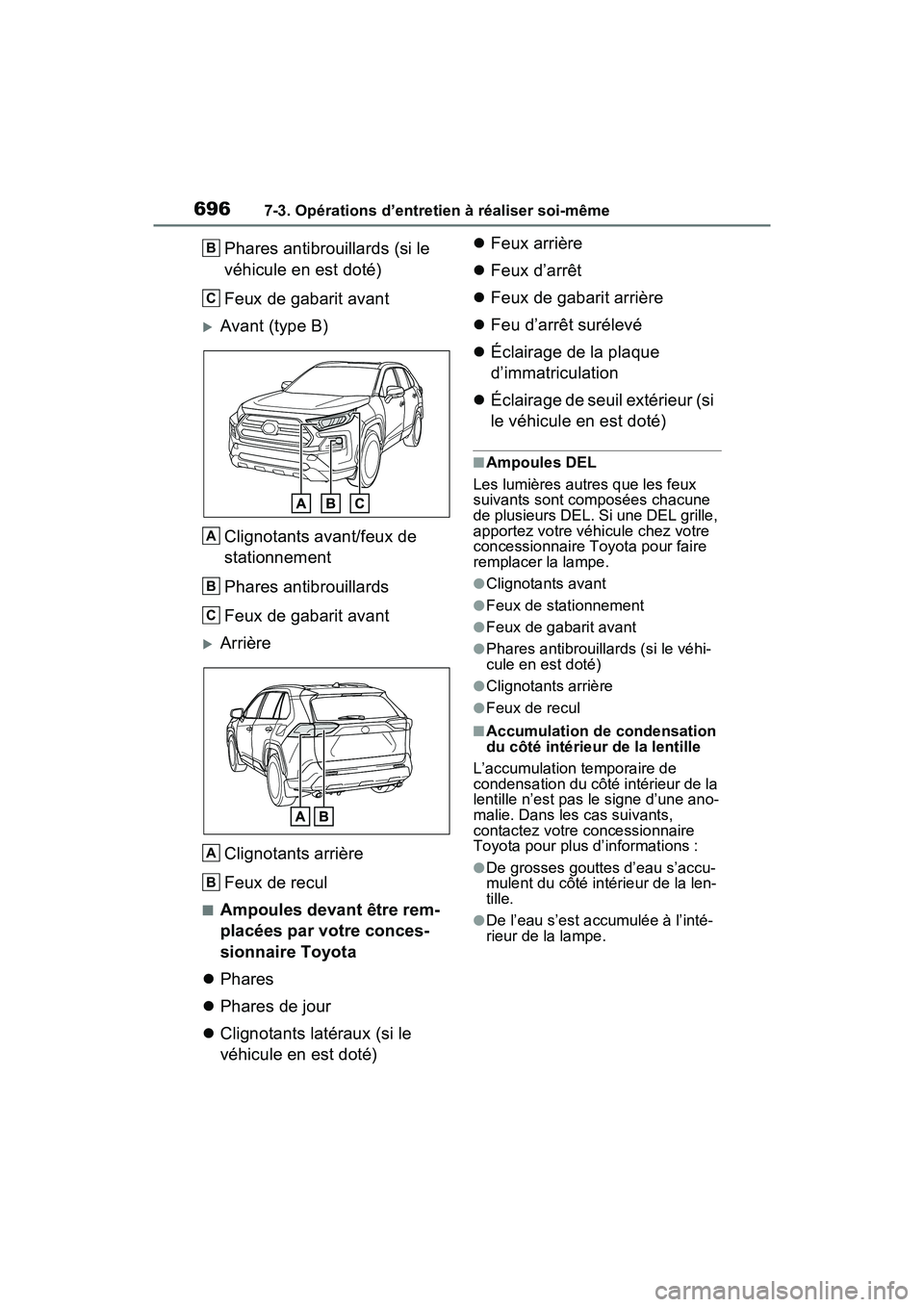 TOYOTA RAV4 2021  Manuel du propriétaire (in French) 6967-3. Opérations d’entretien à réaliser soi-même
Phares antibrouillards (si le 
véhicule en est doté)
Feux de gabarit avant
Avant (type B)Clignotants avant/feux de 
stationnement
Phares a