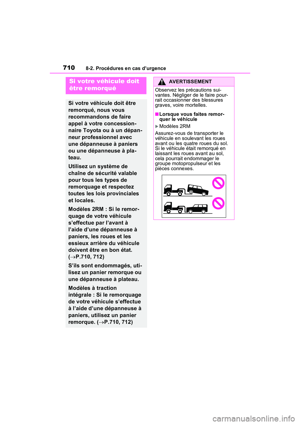 TOYOTA RAV4 2021 Manuel du propriétaire (in French) 7108-2. Procédures en cas d’urgence
8-2 .Procé dure s en cas d’urgence
Si votre véhicule doit
être remorqué
Si votre véhicule doit être
remorqué, nous vous
recommandons de faire
appel TOYOTA RAV4 2021 Manuel du propriétaire (in French) 7108-2. Procédures en cas d’urgence
8-2 .Procé dure s en cas d’urgence
Si votre véhicule doit
être remorqué
Si votre véhicule doit être
remorqué, nous vous
recommandons de faire
appel